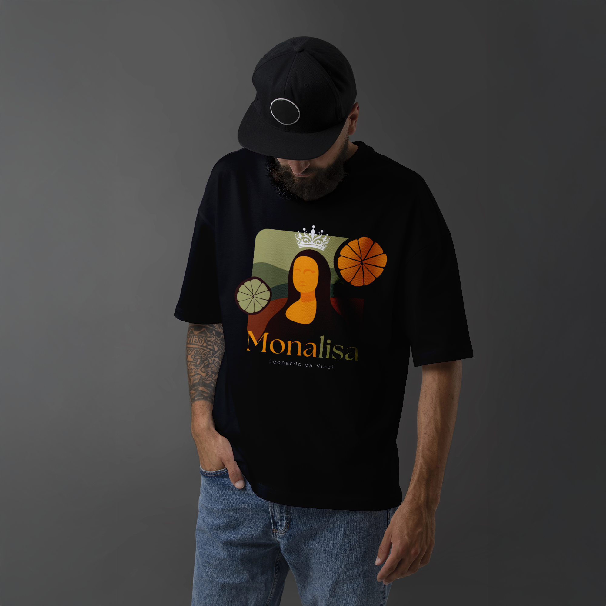 Monalisa Orange Crown" Art-Inspired Graphic T-Shirt - Black Unisex Tee