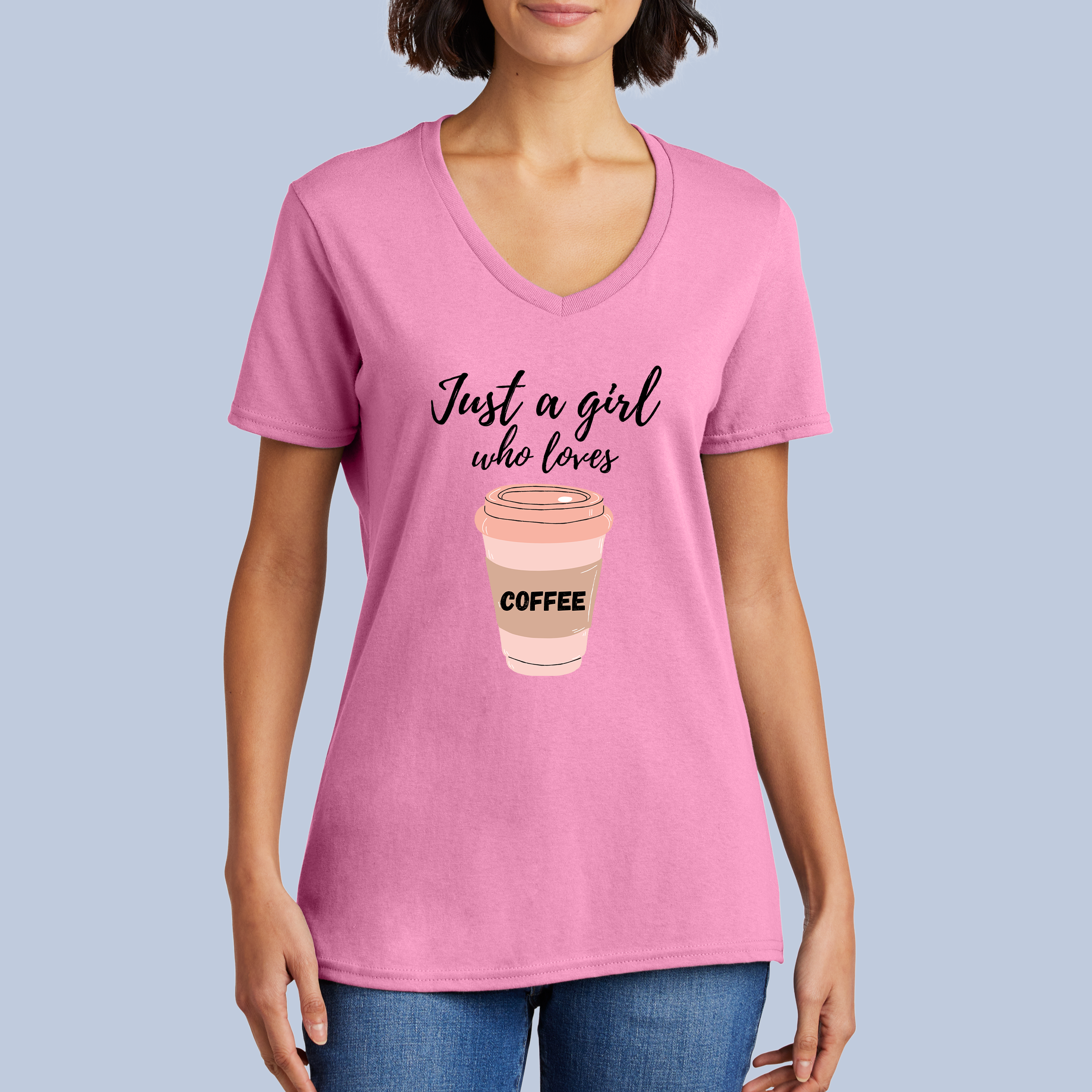 Just a Girl Who Loves Coffee V-Neck Cotton T-Shirt - Coffee Lover Tee for Women 6