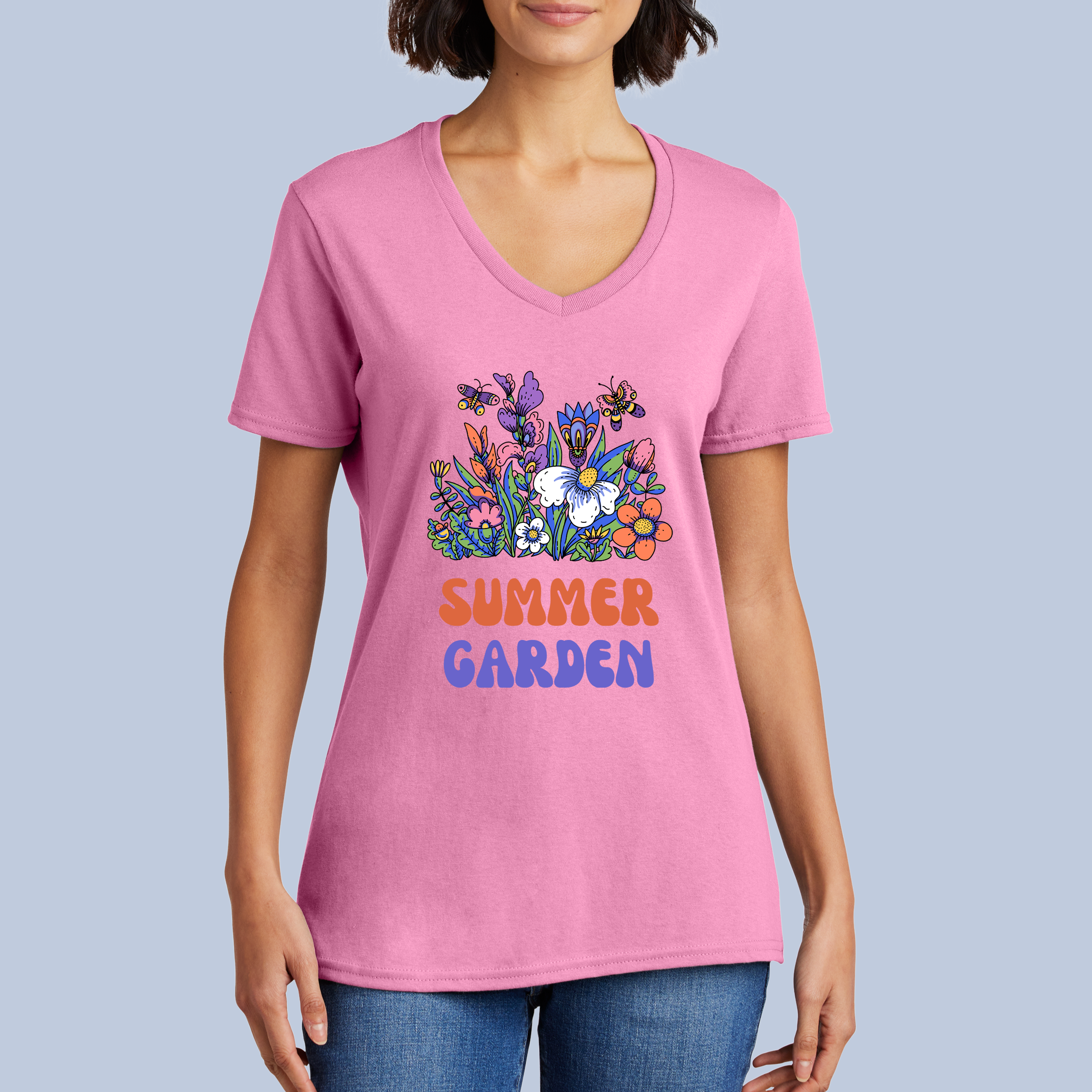Summer Garden V-Neck Cotton T-Shirt - Vibrant Floral & Bee Tee for Women 6