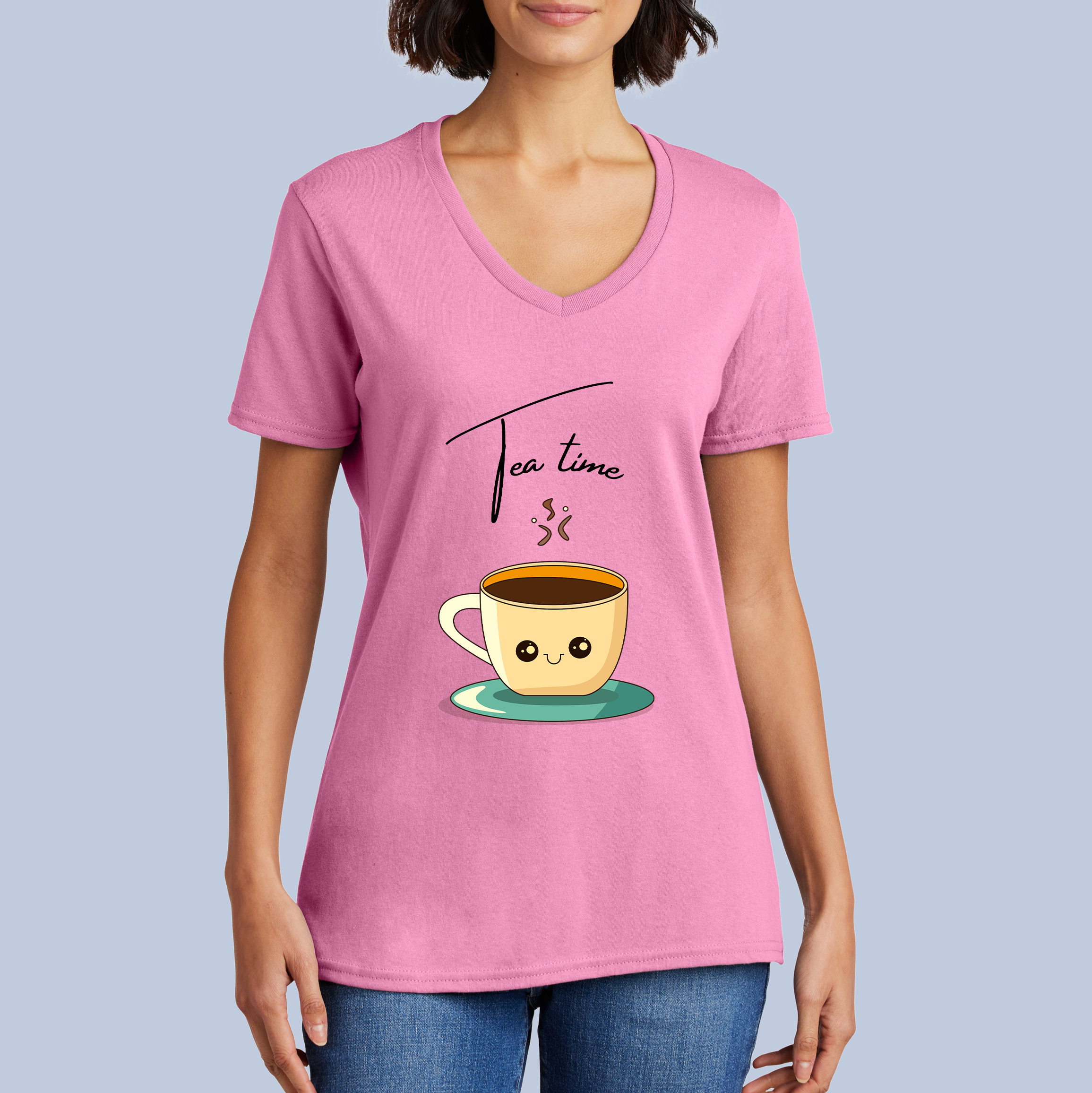 Tea Time V-Neck Cotton T-Shirt - Cute Steaming Cup Tee for Women 6