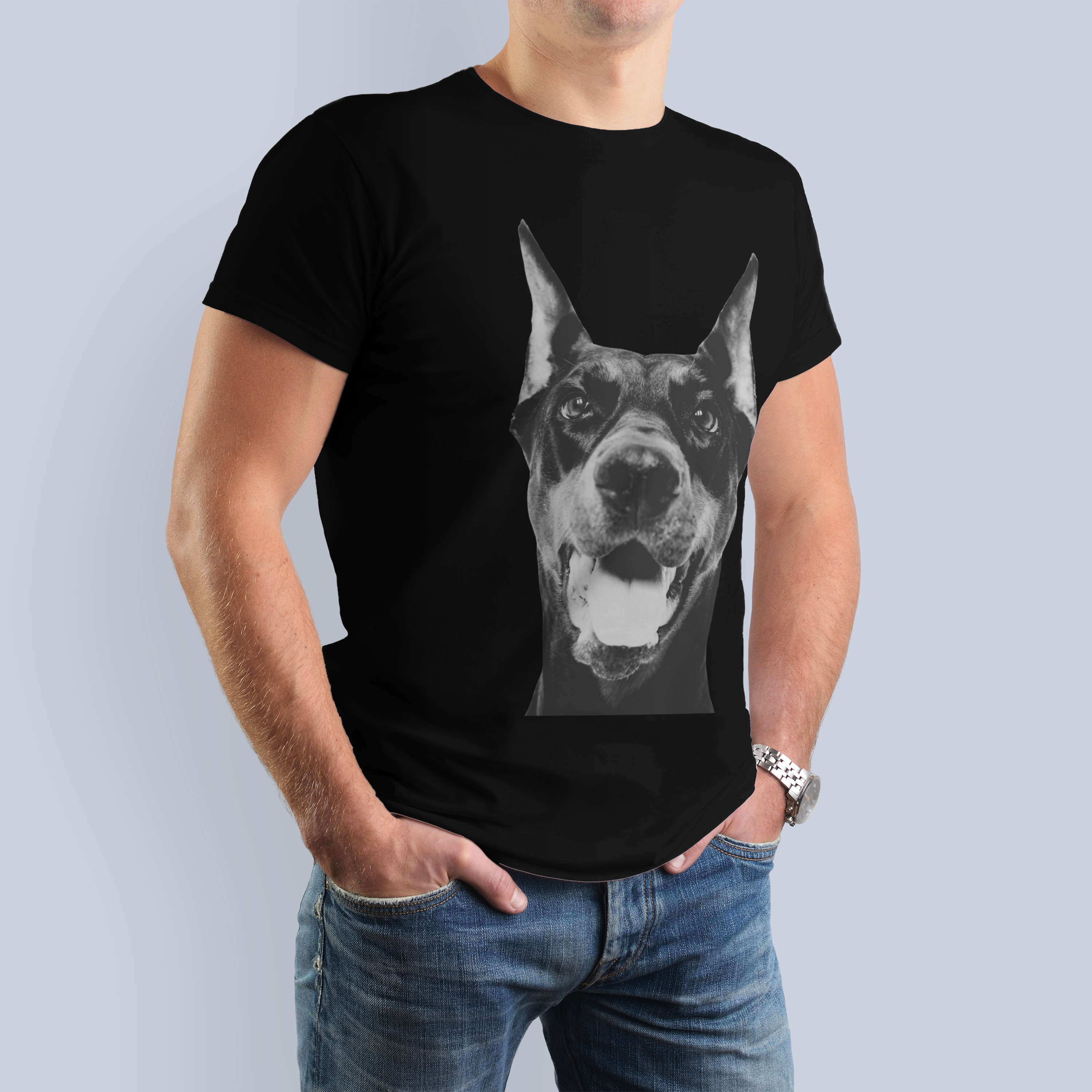Doberman Pinscher Dog Breed Black & White Portrait T-Shirt 3