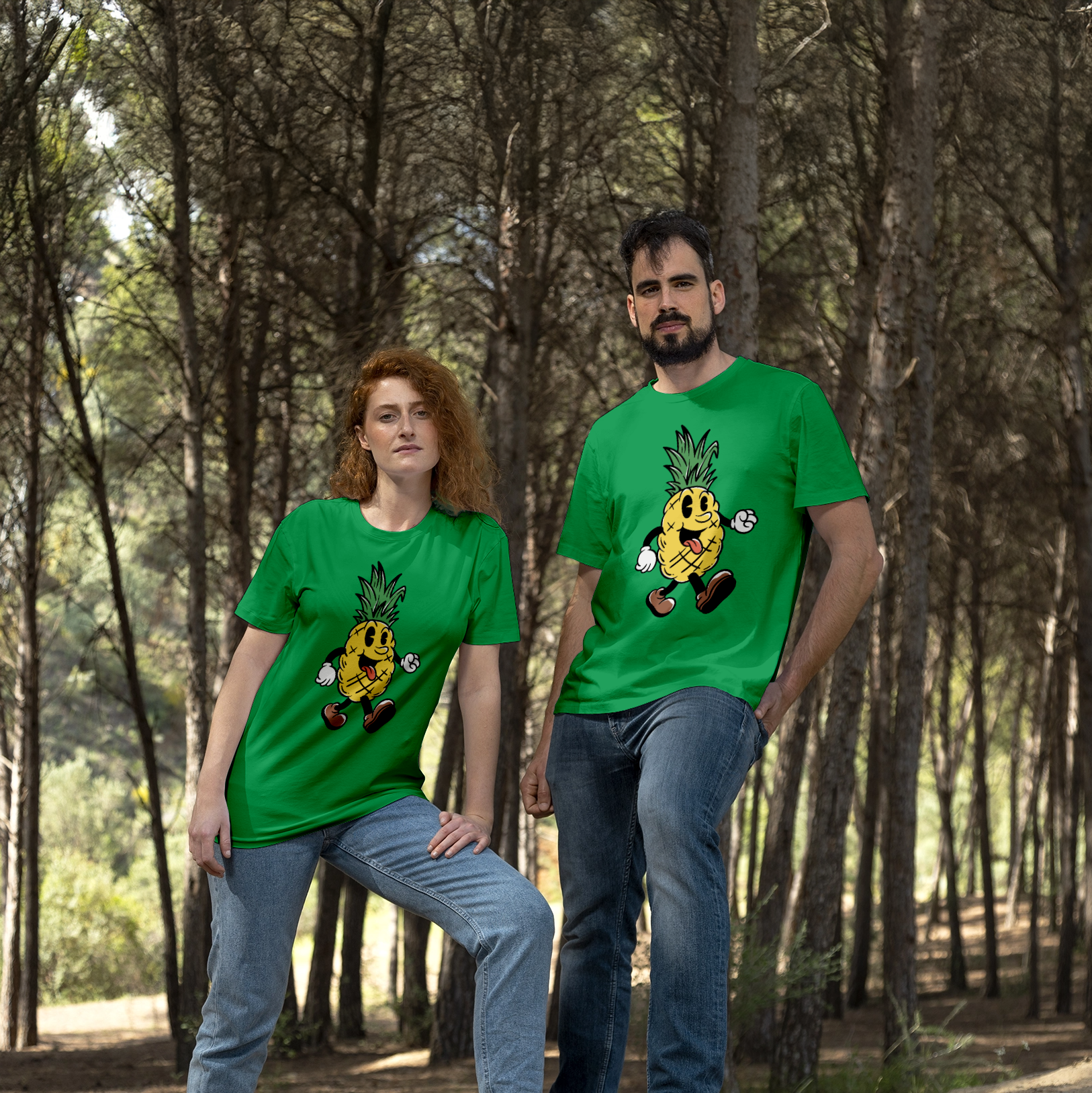 "Happy Go Lucky Pineapple" Cartoon Graphic T-Shirt - Green Unisex Tee 5