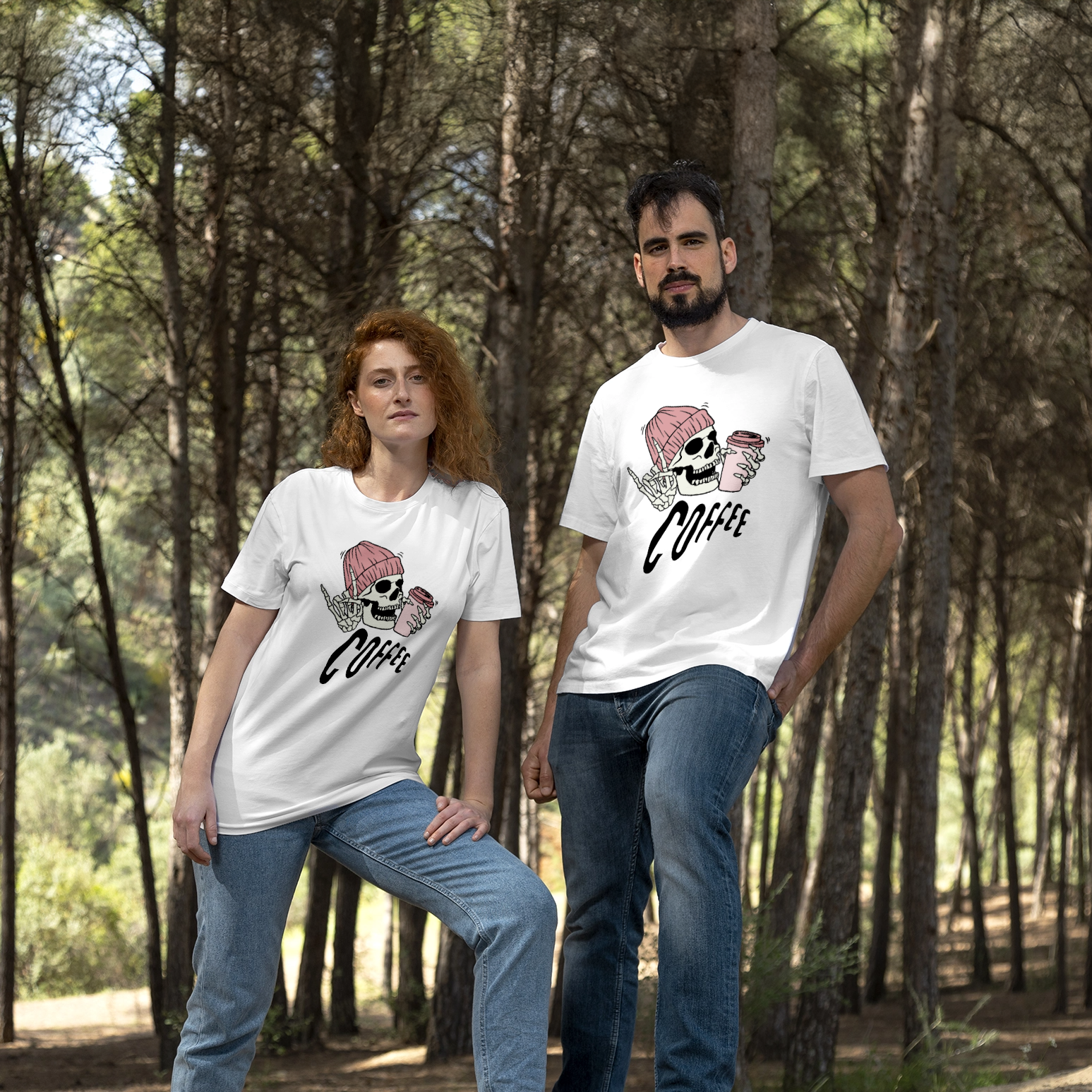 "Pink Beanie Skull Coffee" Graphic T-Shirt - White Unisex Tee 5
