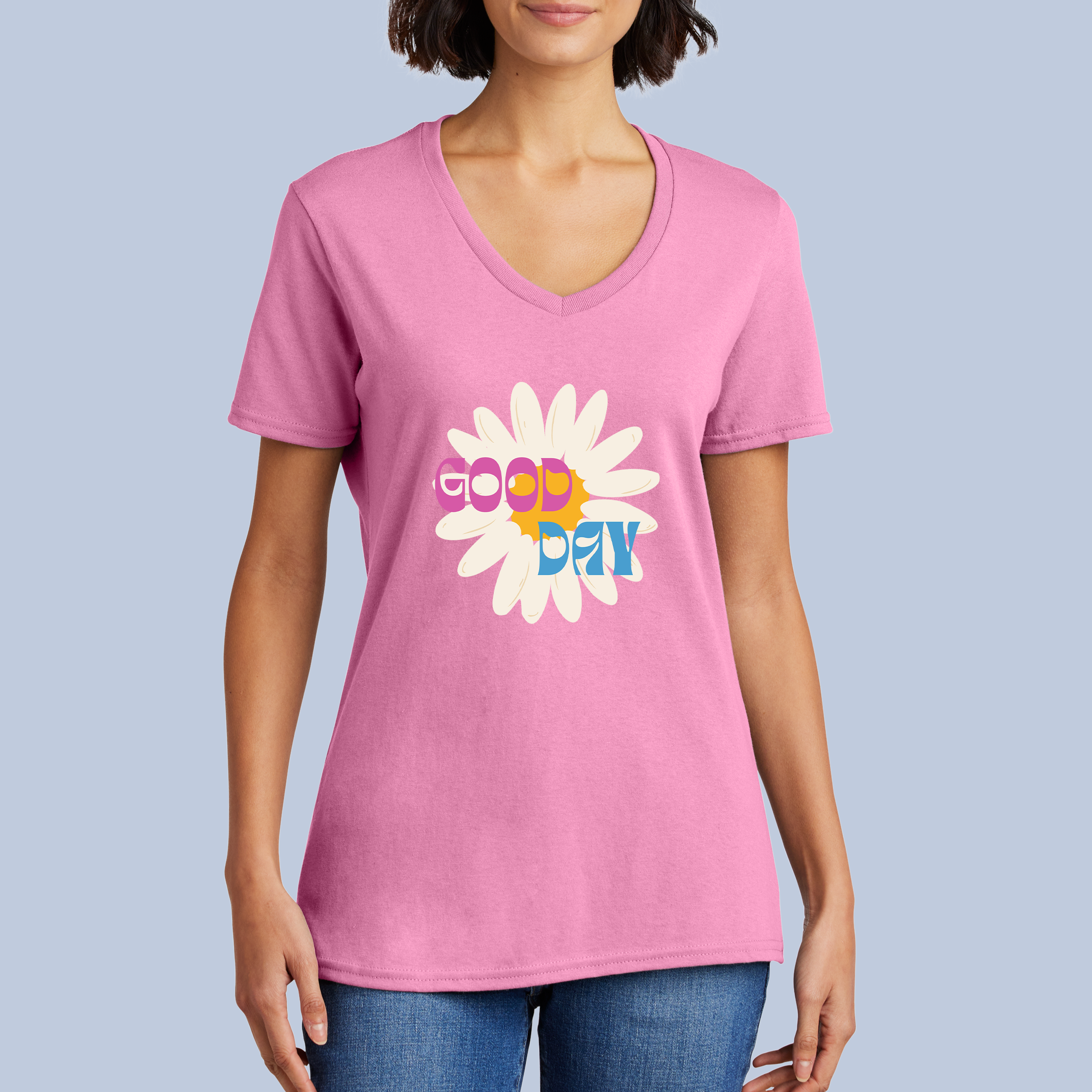 Good Day Daisy V-Neck Cotton T-Shirt - Positive Floral Tee for Women 6