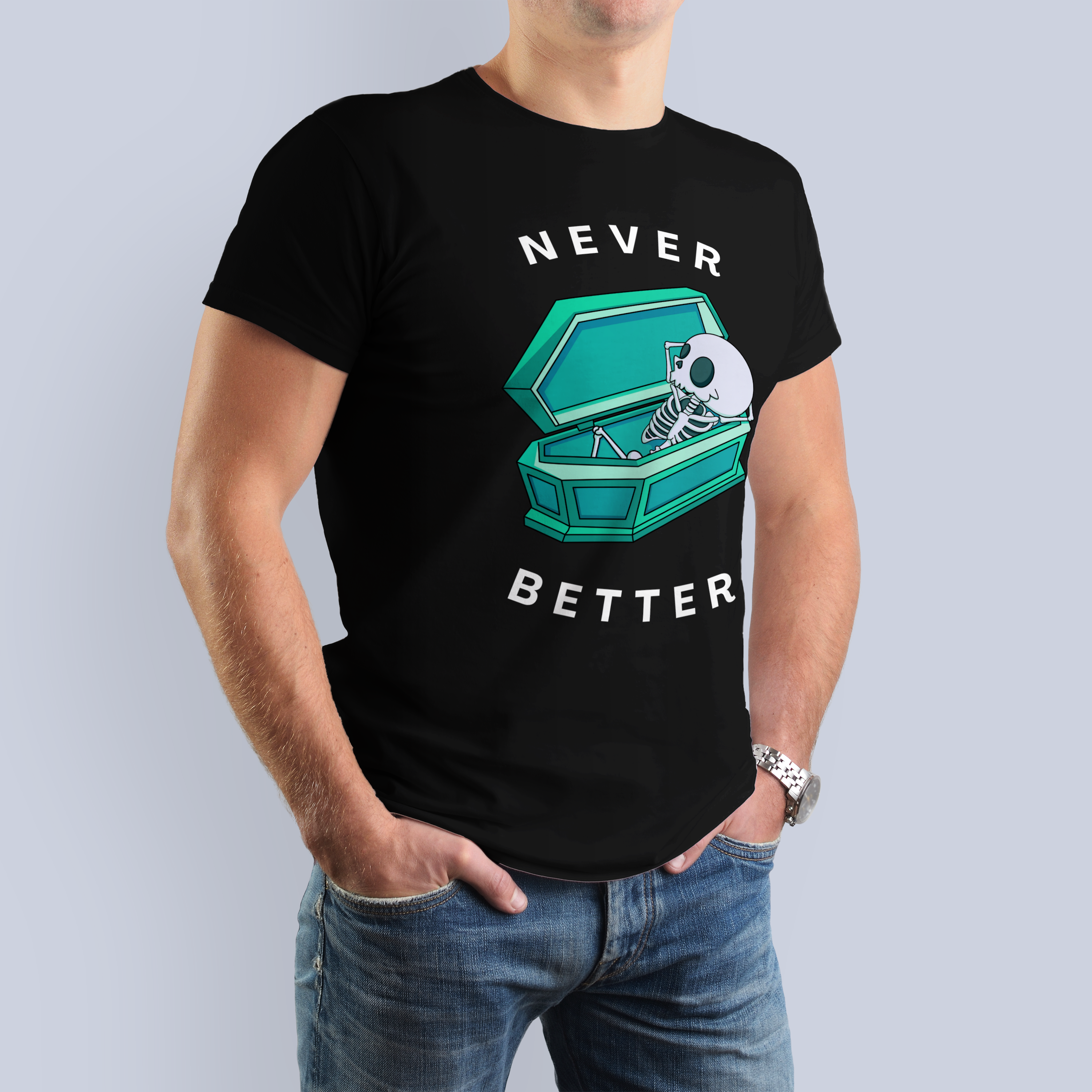 Never Better Skeleton in Coffin Funny Goth T-Shirt 3