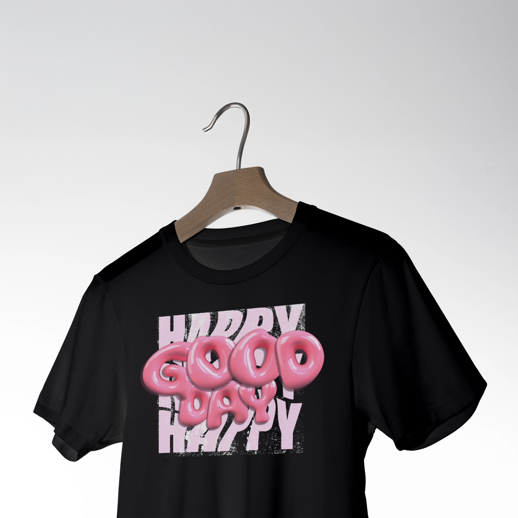 "Happy Good Happy" Donut Font Black T-Shirt 3