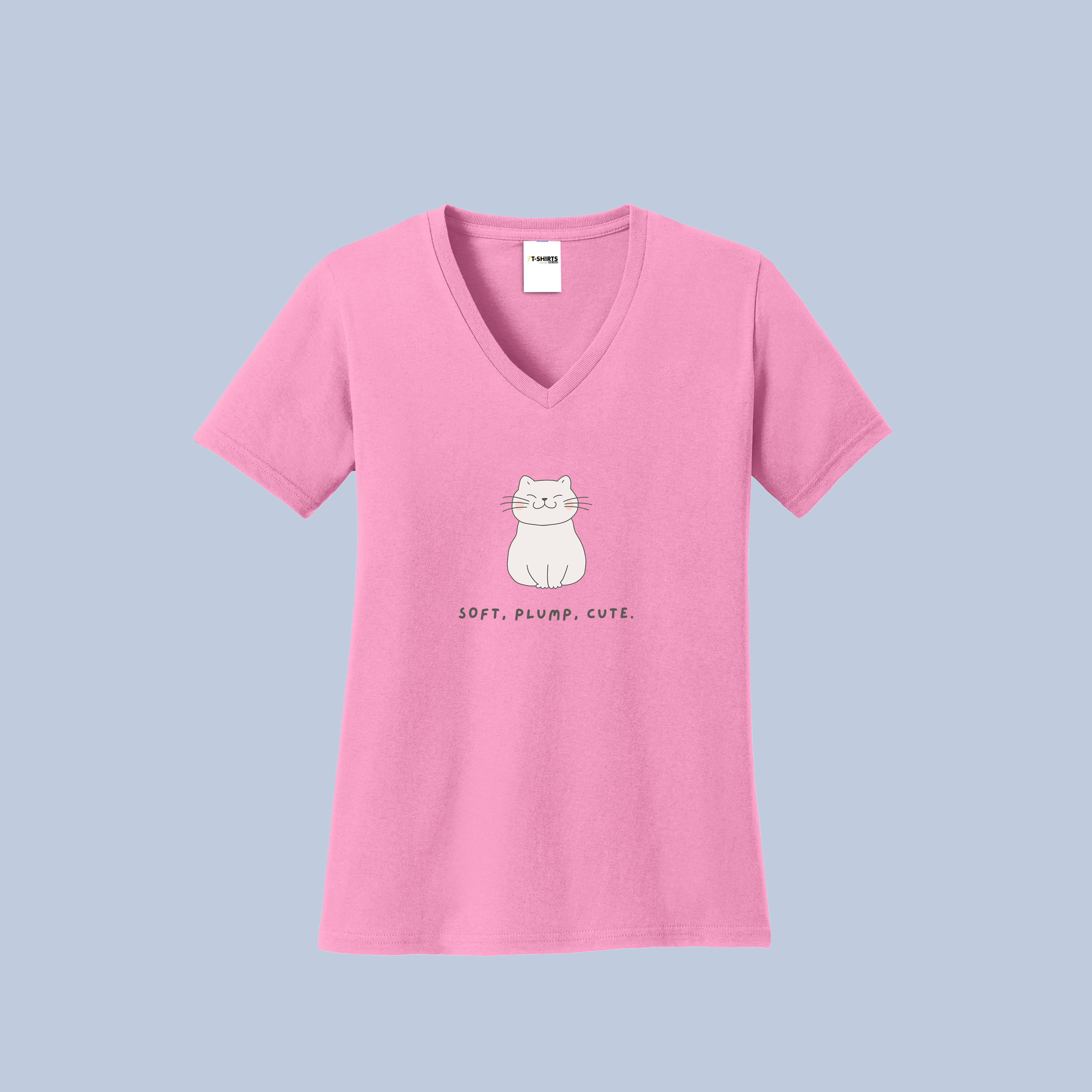 Soft, Plump, Cute Cat V-Neck Cotton T-Shirt - Adorable Kitty Tee for Women