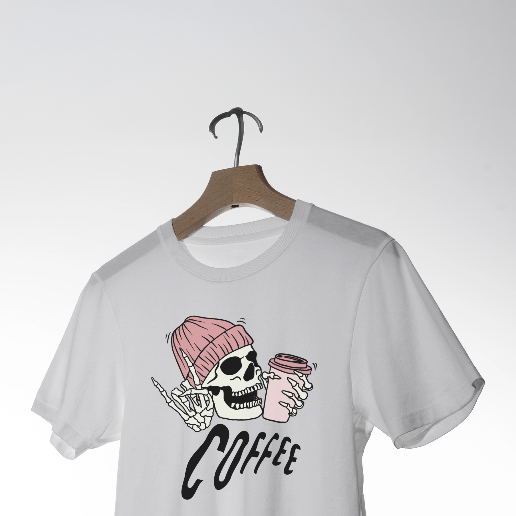 "Pink Beanie Skull Coffee" Graphic T-Shirt - White Unisex Tee 3