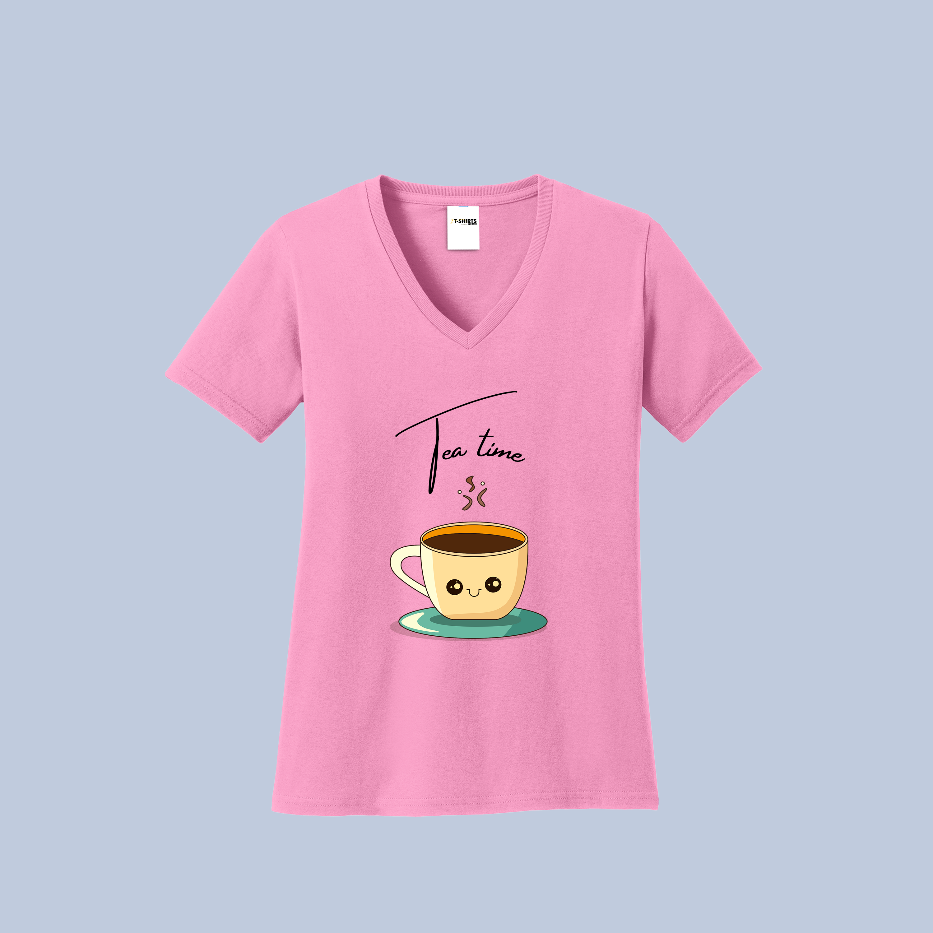 Tea Time V-Neck Cotton T-Shirt - Cute Steaming Cup Tee for Women
