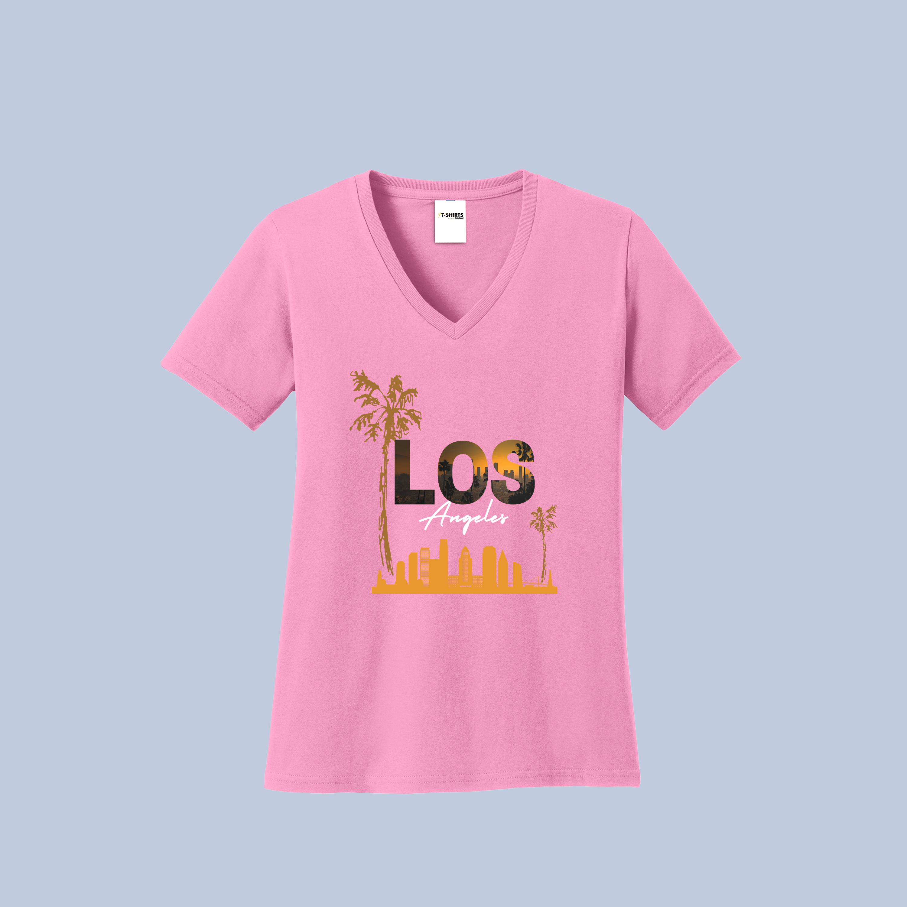 Los Angeles Sunset V-Neck Cotton T-Shirt - California Cityscape Tee for Women