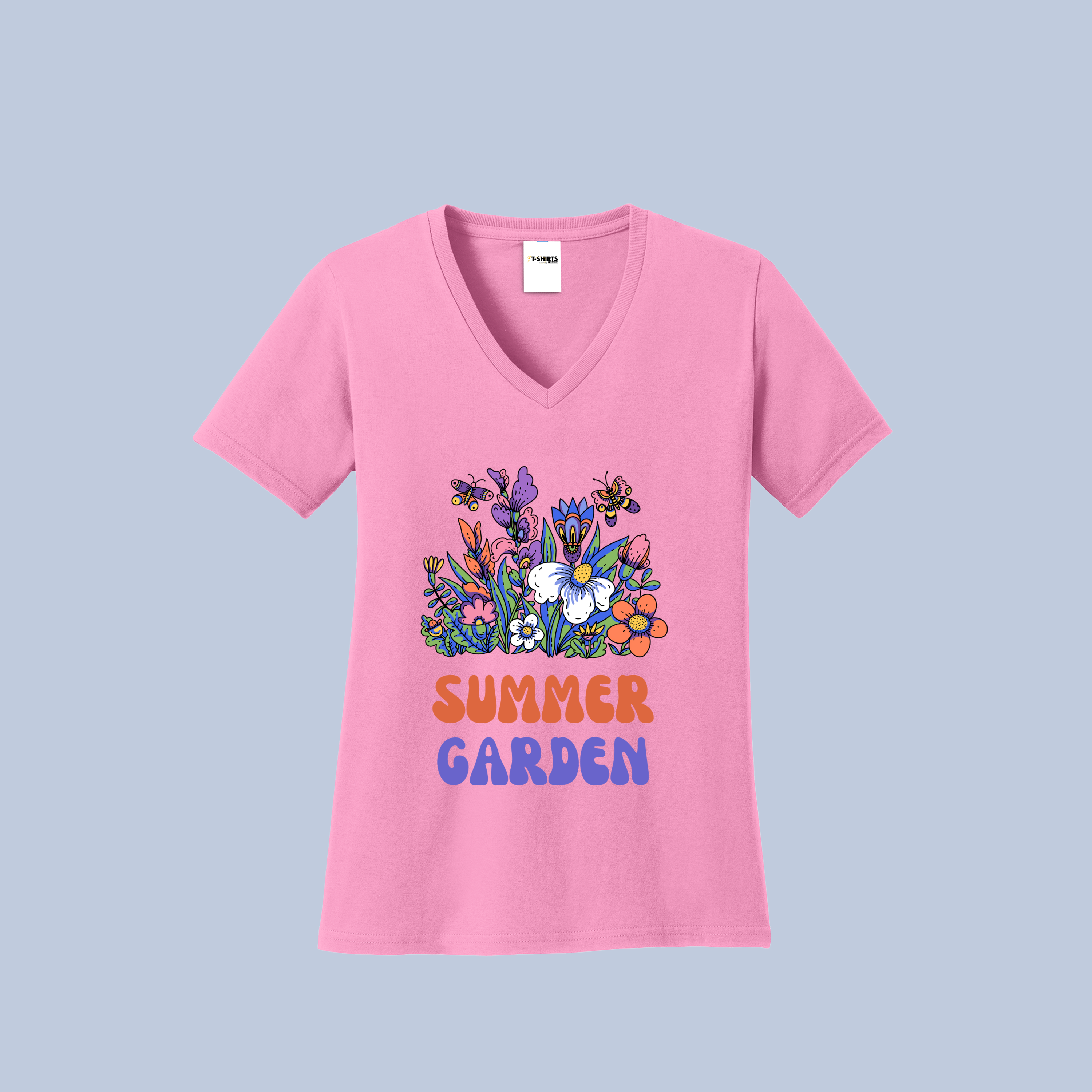 Summer Garden V-Neck Cotton T-Shirt - Vibrant Floral & Bee Tee for Women