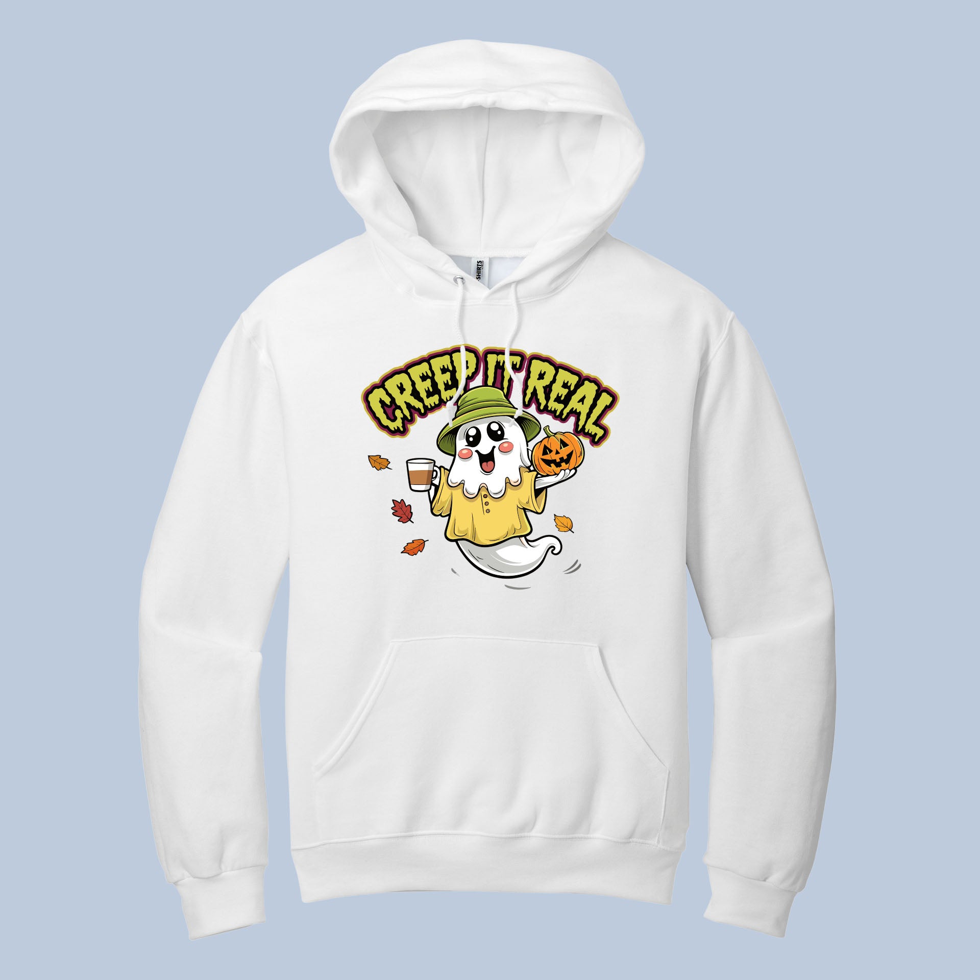 Creep It Real Halloween Hoodie – Cute Ghost with Pumpkin & Coffee Sweatshirt for Spooky Season