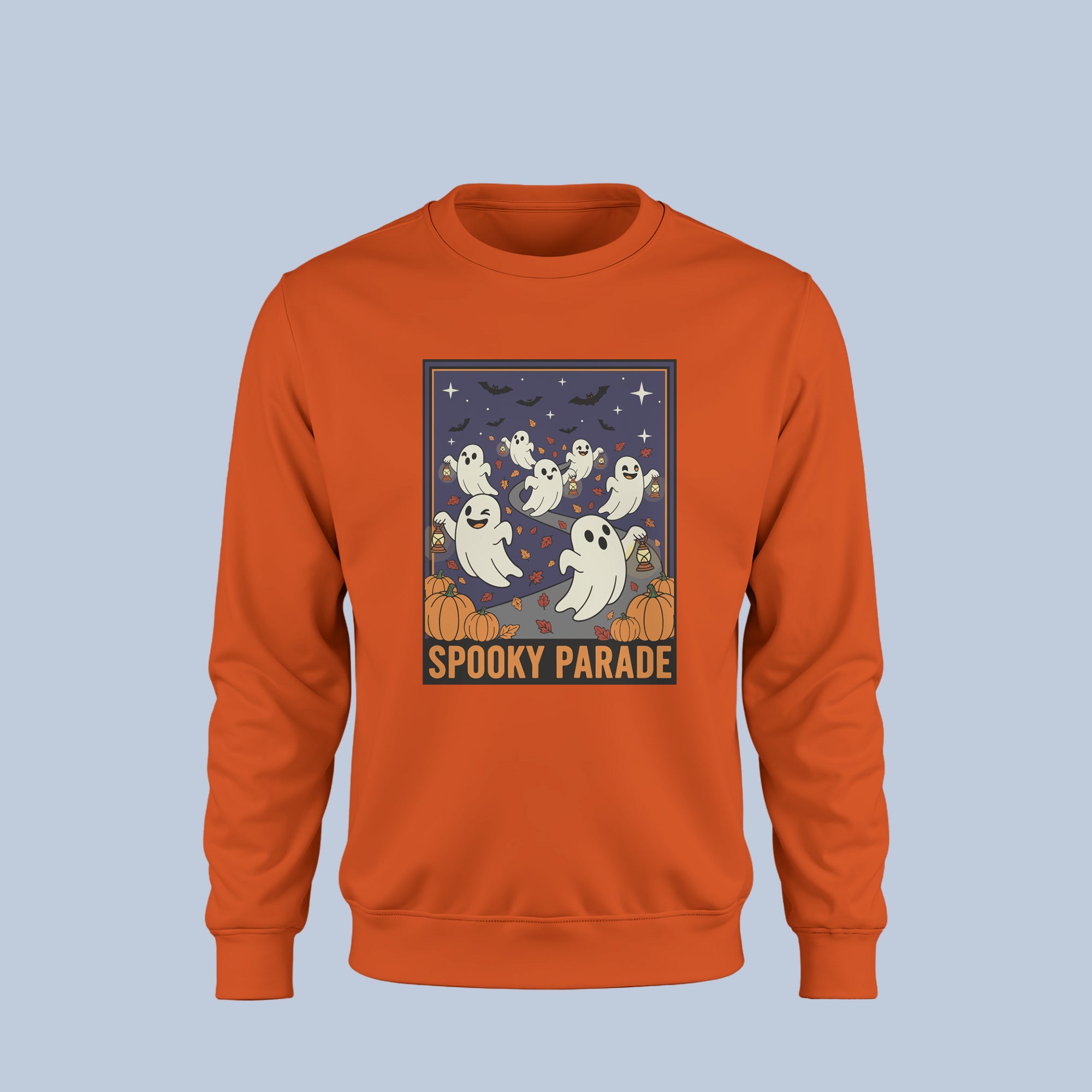 Spooky Parade Ghost Halloween Sweatshirt – Cute Ghost Crewneck – Fall Pumpkin & Bat Design for Men & Women 3