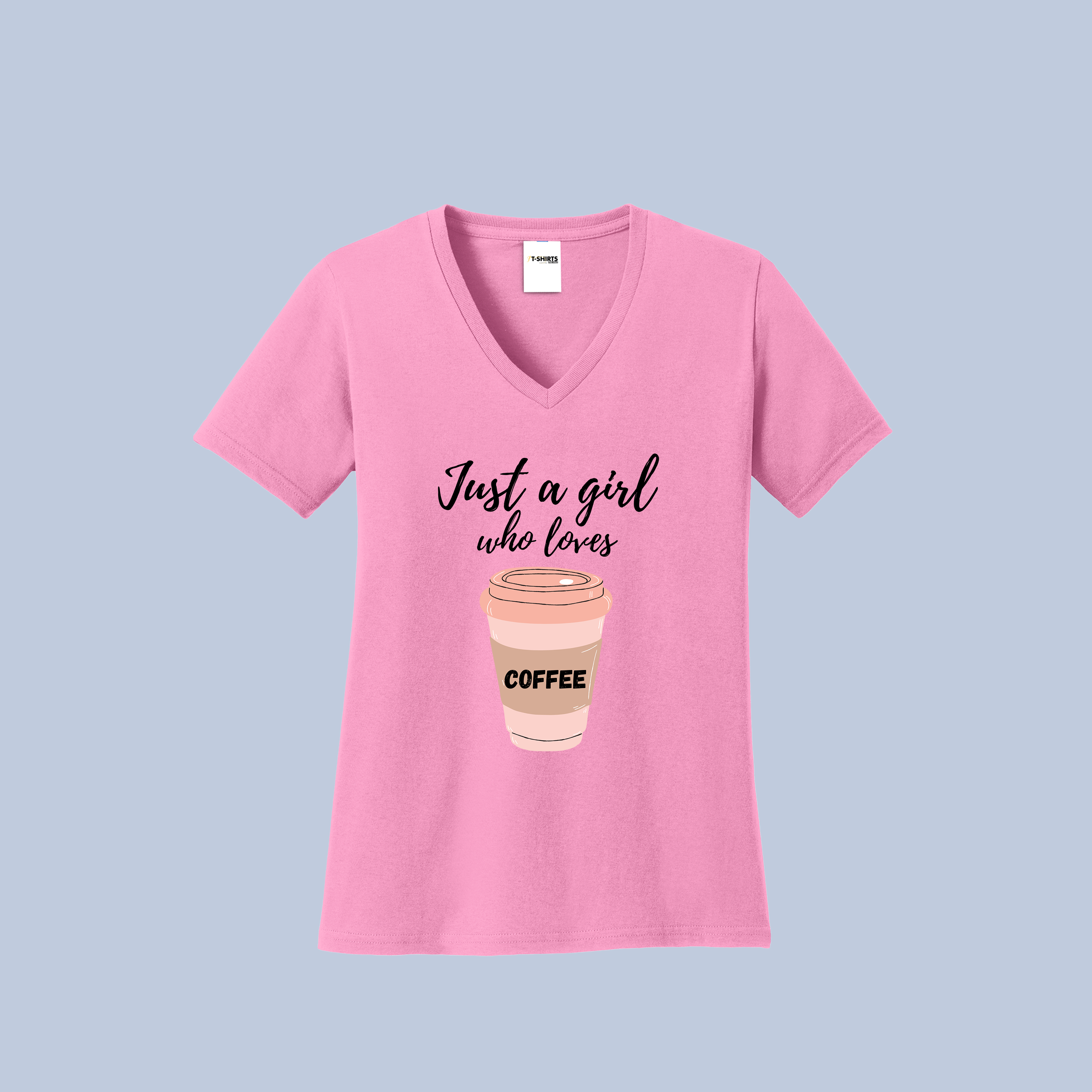 Just a Girl Who Loves Coffee V-Neck Cotton T-Shirt - Coffee Lover Tee for Women
