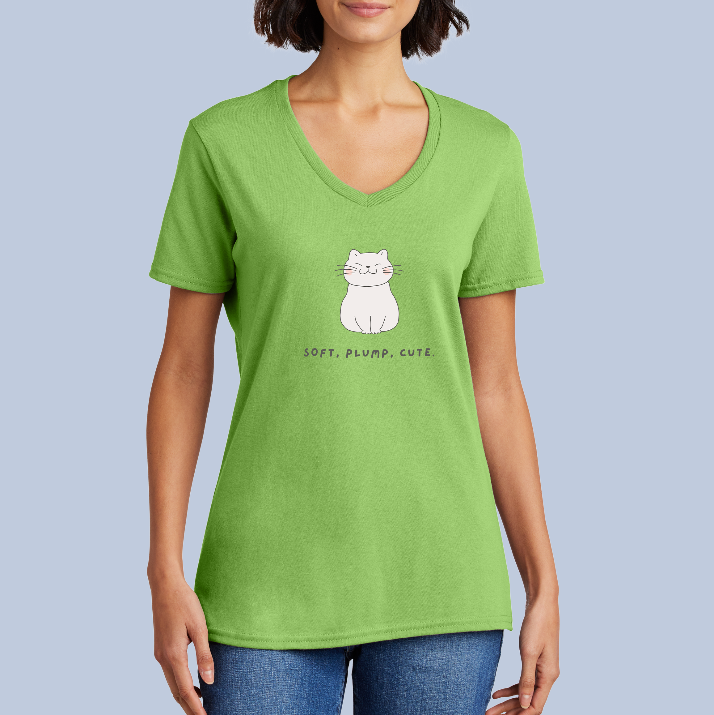 Soft, Plump, Cute Cat V-Neck Cotton T-Shirt - Adorable Kitty Tee for Women 7