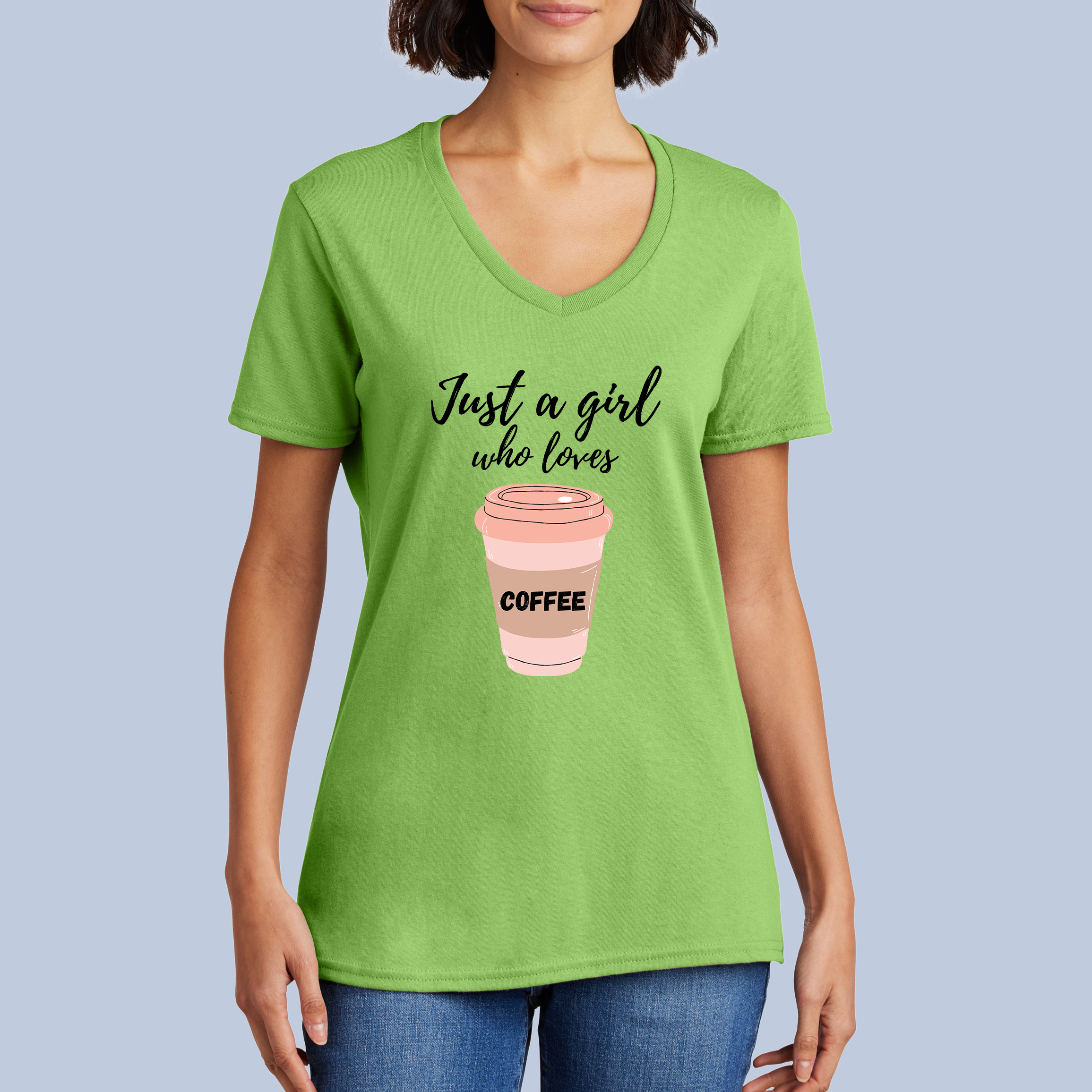 Just a Girl Who Loves Coffee V-Neck Cotton T-Shirt - Coffee Lover Tee for Women 7