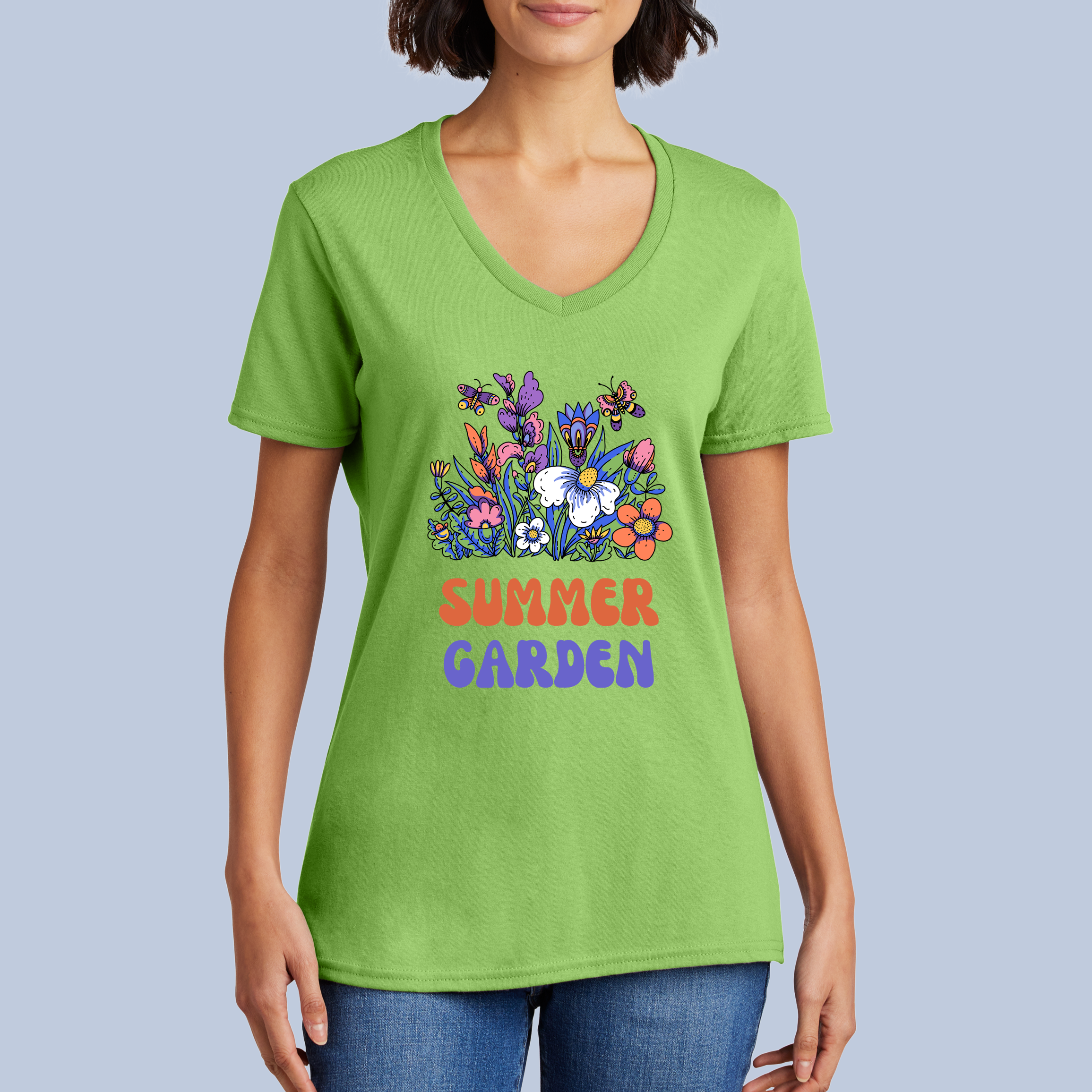 Summer Garden V-Neck Cotton T-Shirt - Vibrant Floral & Bee Tee for Women 7