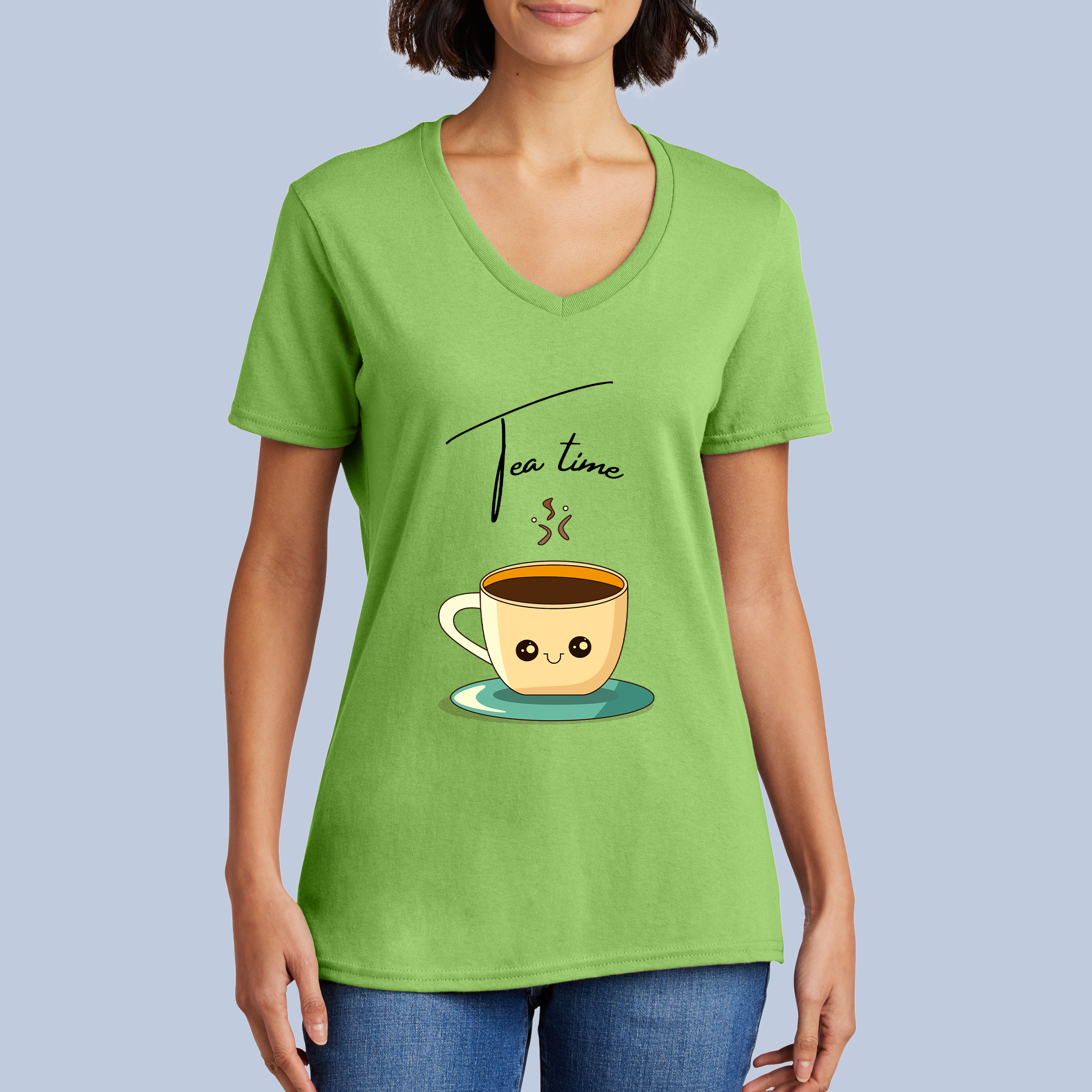 Tea Time V-Neck Cotton T-Shirt - Cute Steaming Cup Tee for Women 7