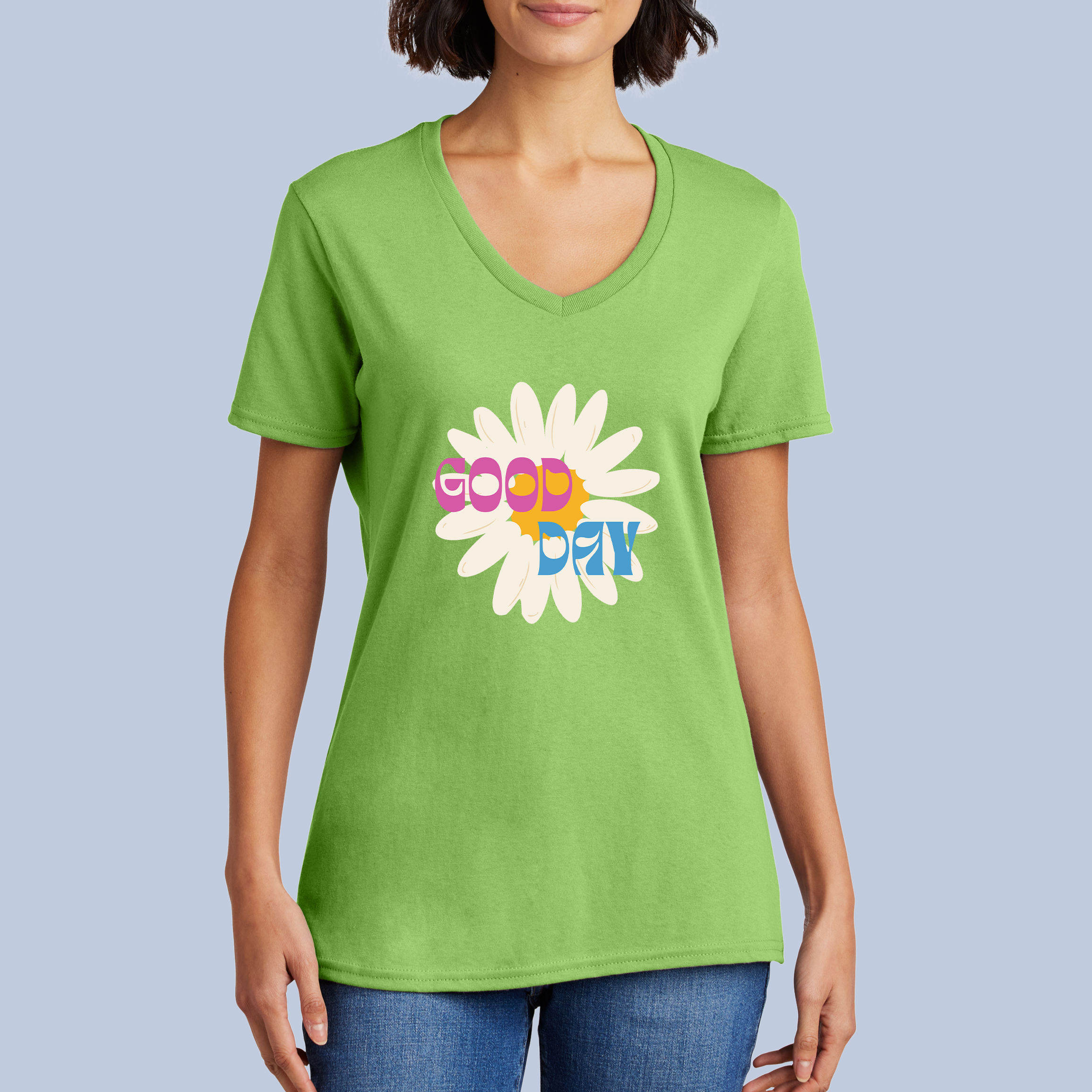 Good Day Daisy V-Neck Cotton T-Shirt - Positive Floral Tee for Women 7