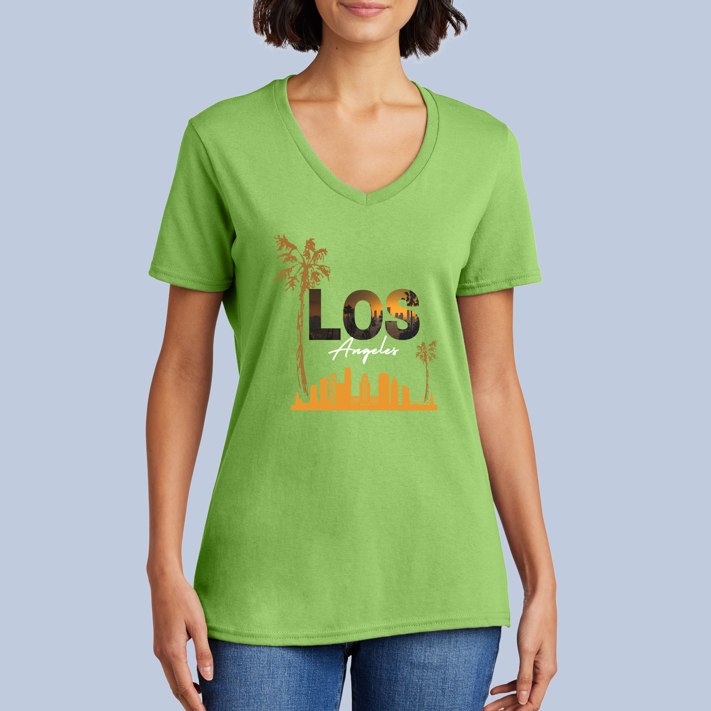 Los Angeles Sunset V-Neck Cotton T-Shirt - California Cityscape Tee for Women 7
