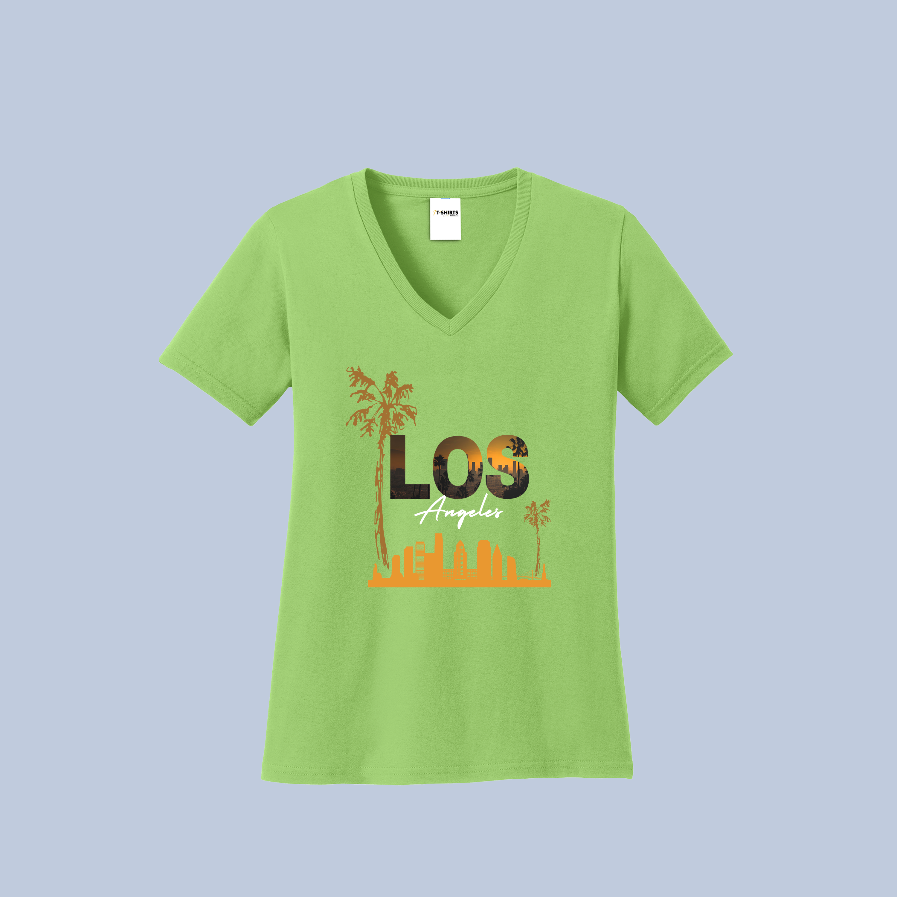 Los Angeles Sunset V-Neck Cotton T-Shirt - California Cityscape Tee for Women 3