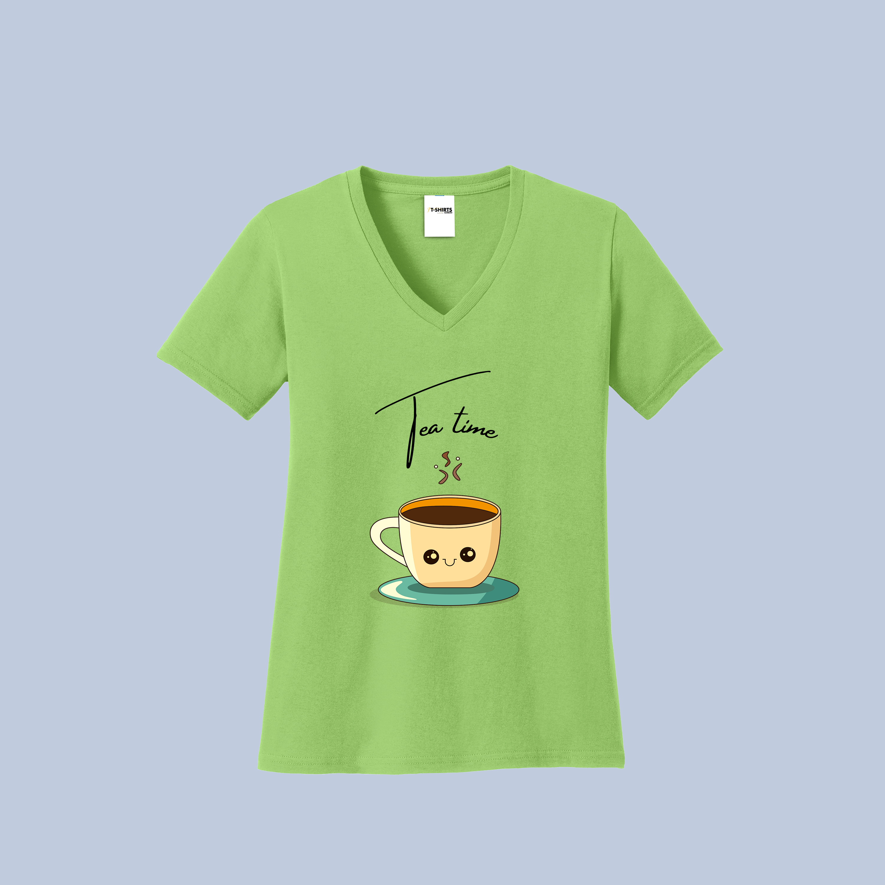 Tea Time V-Neck Cotton T-Shirt - Cute Steaming Cup Tee for Women 3