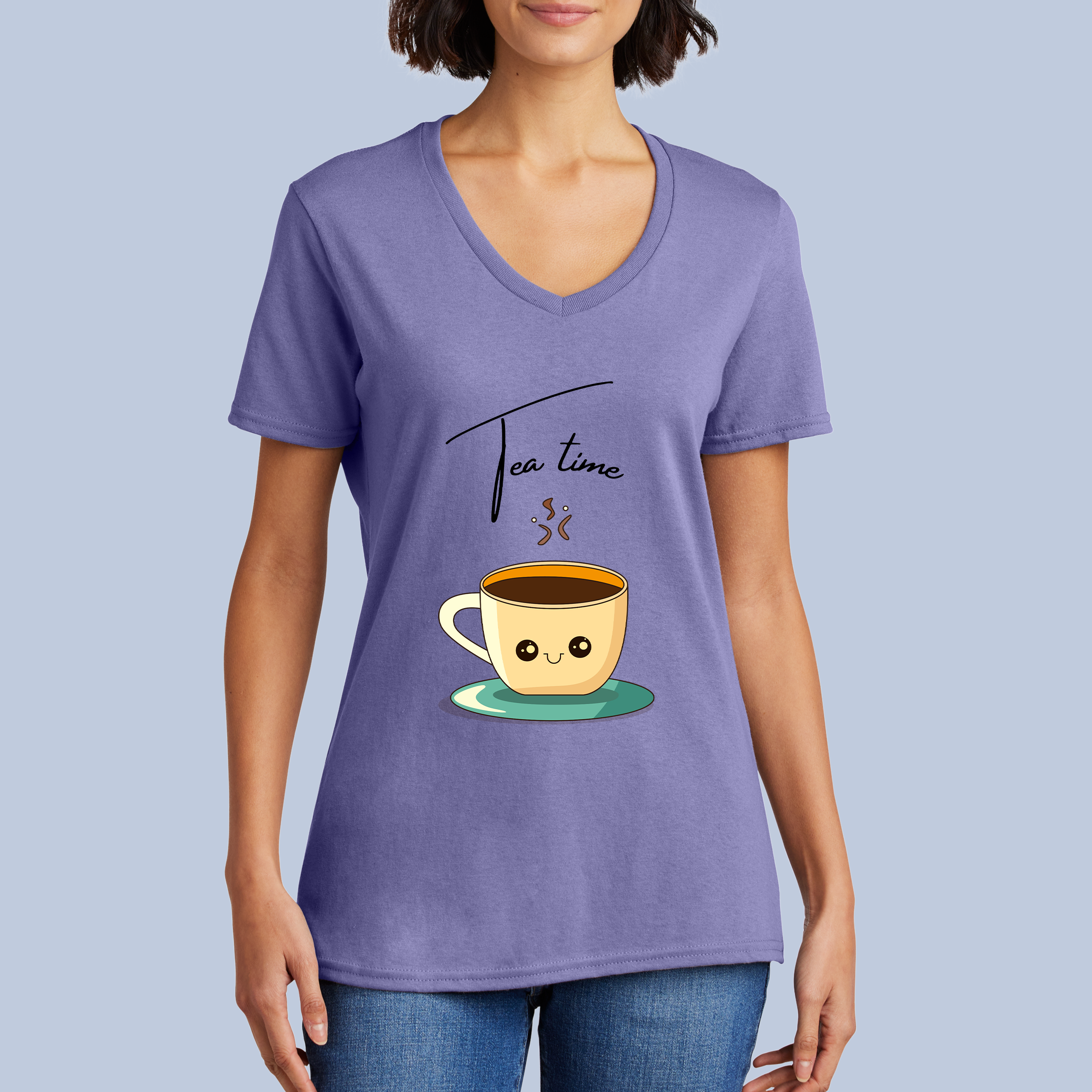 Tea Time V-Neck Cotton T-Shirt - Cute Steaming Cup Tee for Women 8