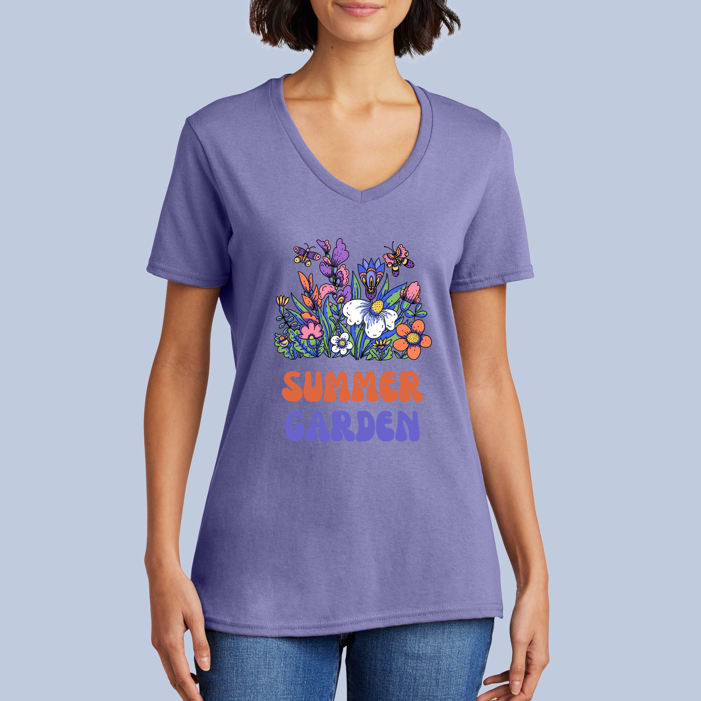Summer Garden V-Neck Cotton T-Shirt - Vibrant Floral & Bee Tee for Women 8