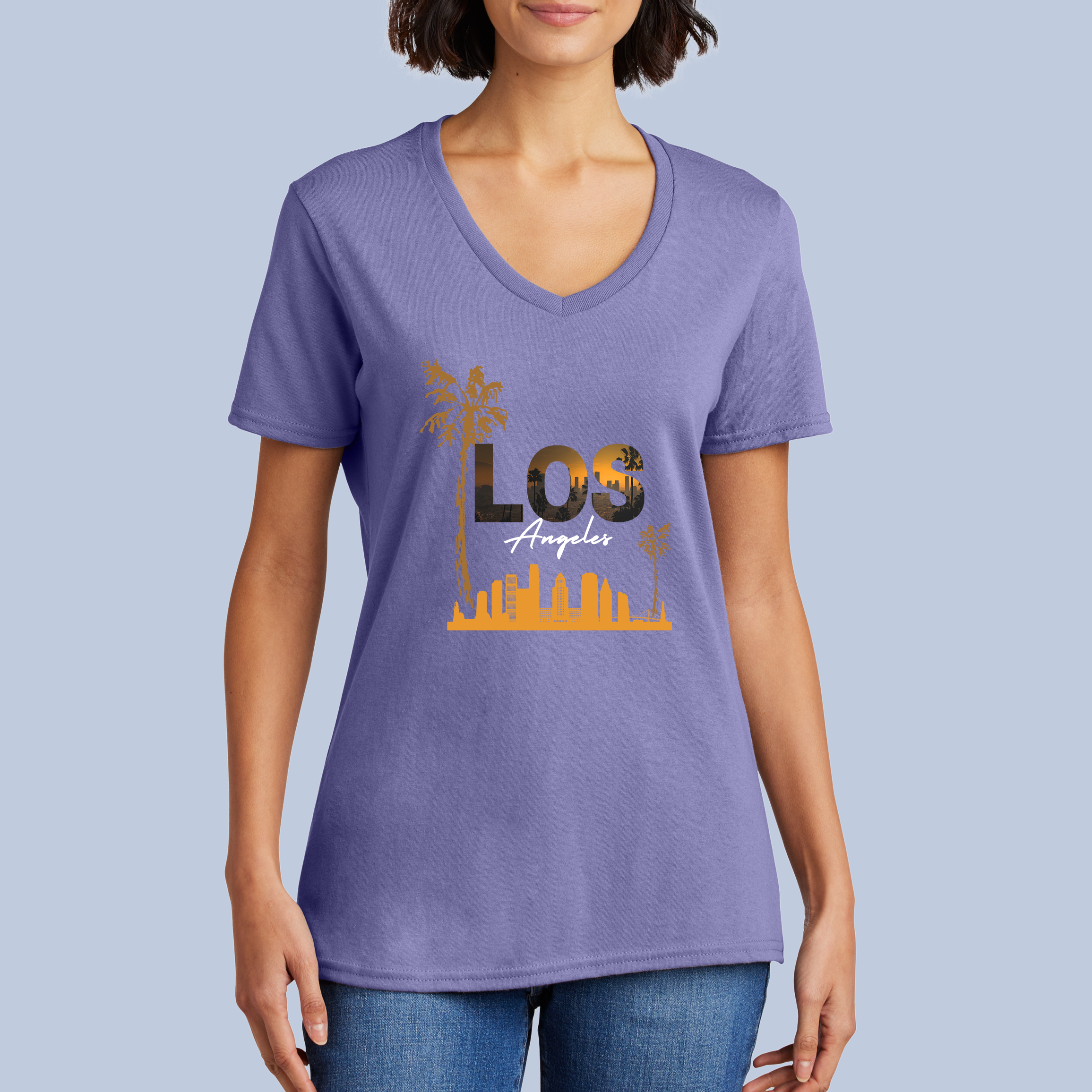 Los Angeles Sunset V-Neck Cotton T-Shirt - California Cityscape Tee for Women 8