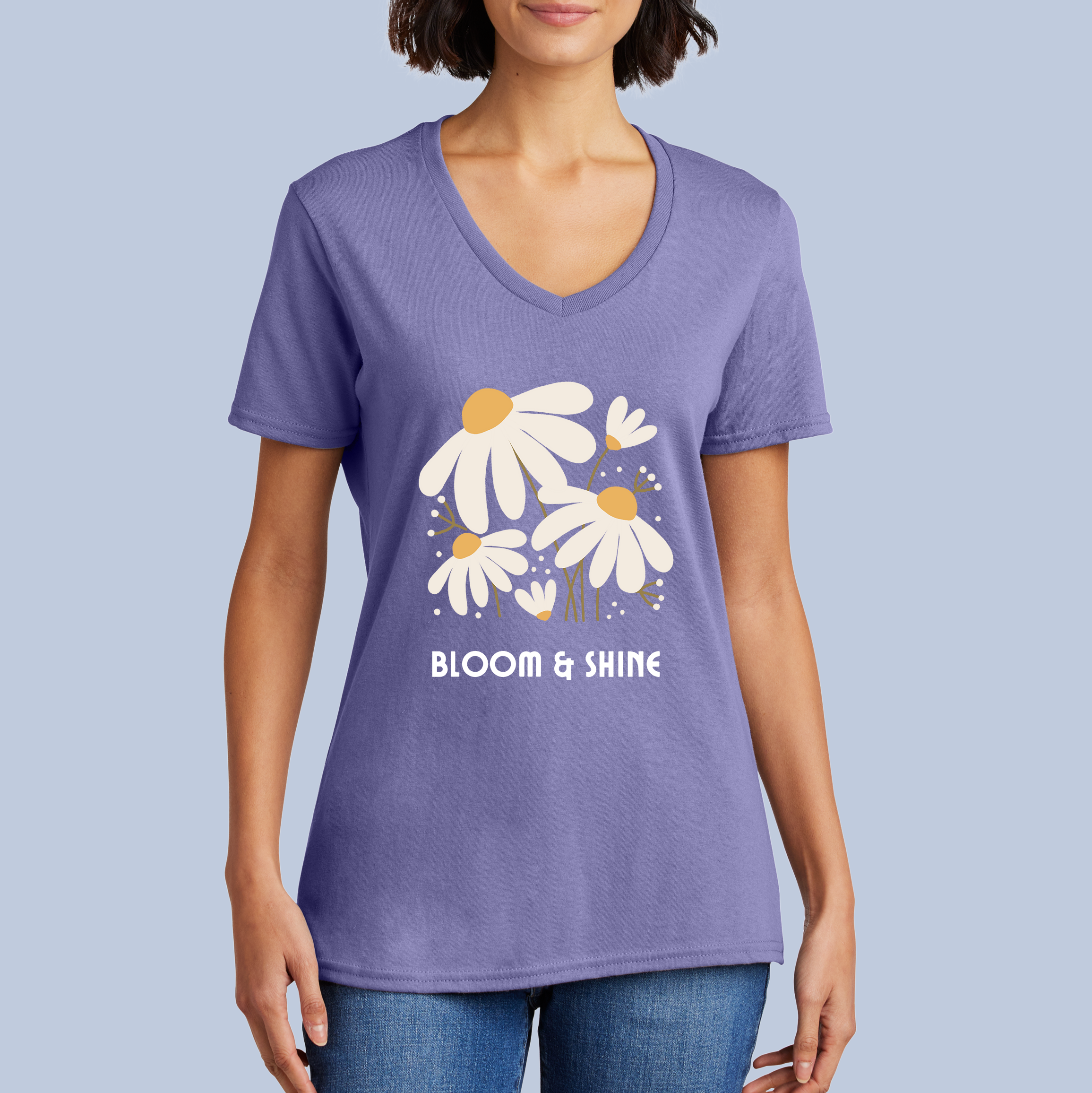 Bloom & Shine V-Neck Cotton T-Shirt - Daisy Floral Tee for Women 8