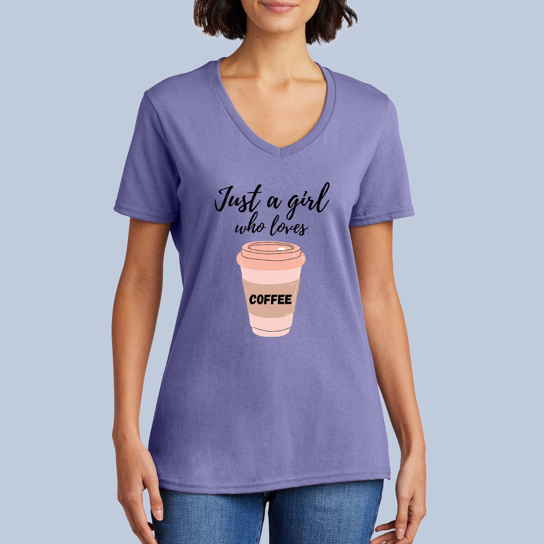 Just a Girl Who Loves Coffee V-Neck Cotton T-Shirt - Coffee Lover Tee for Women 8