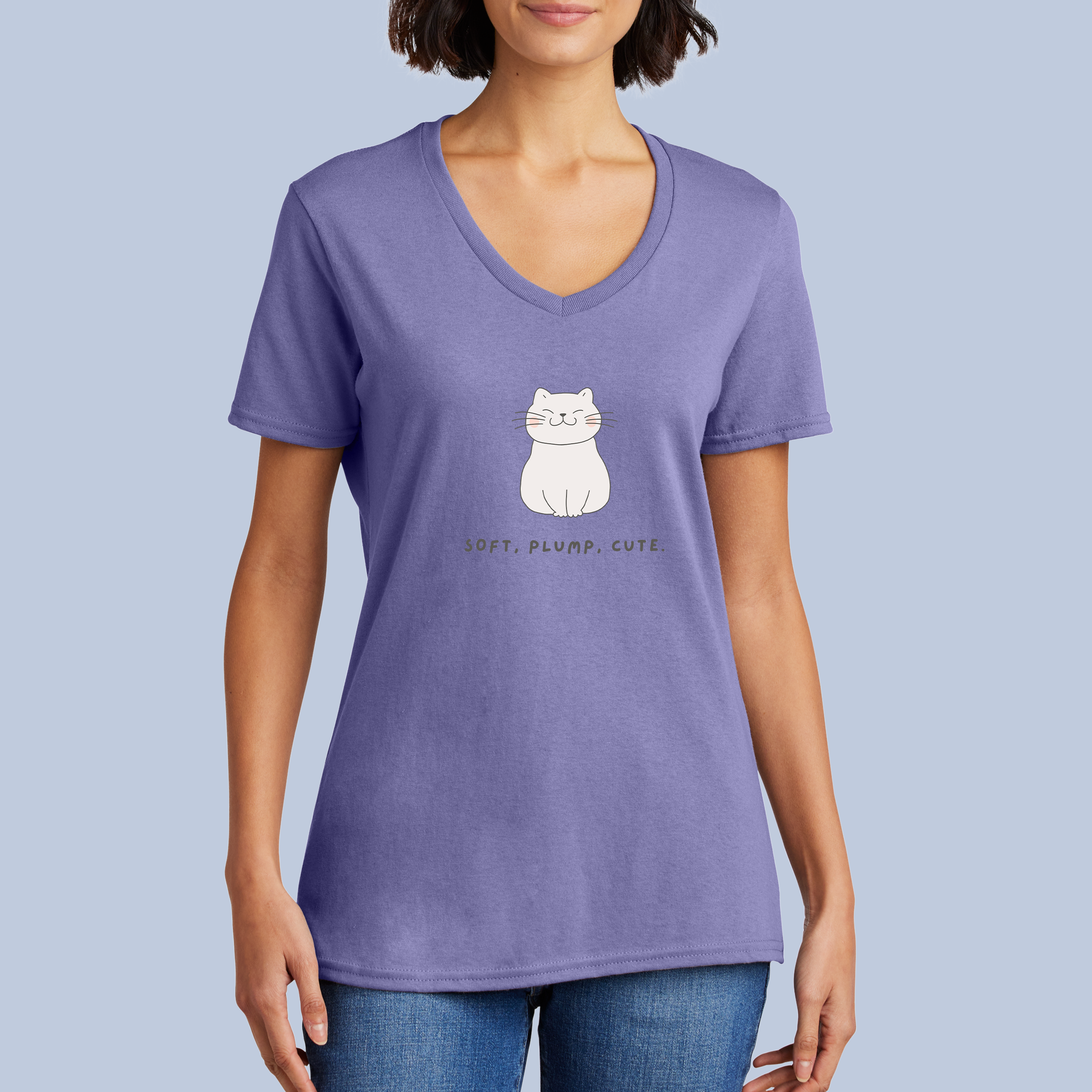 Soft, Plump, Cute Cat V-Neck Cotton T-Shirt - Adorable Kitty Tee for Women 8