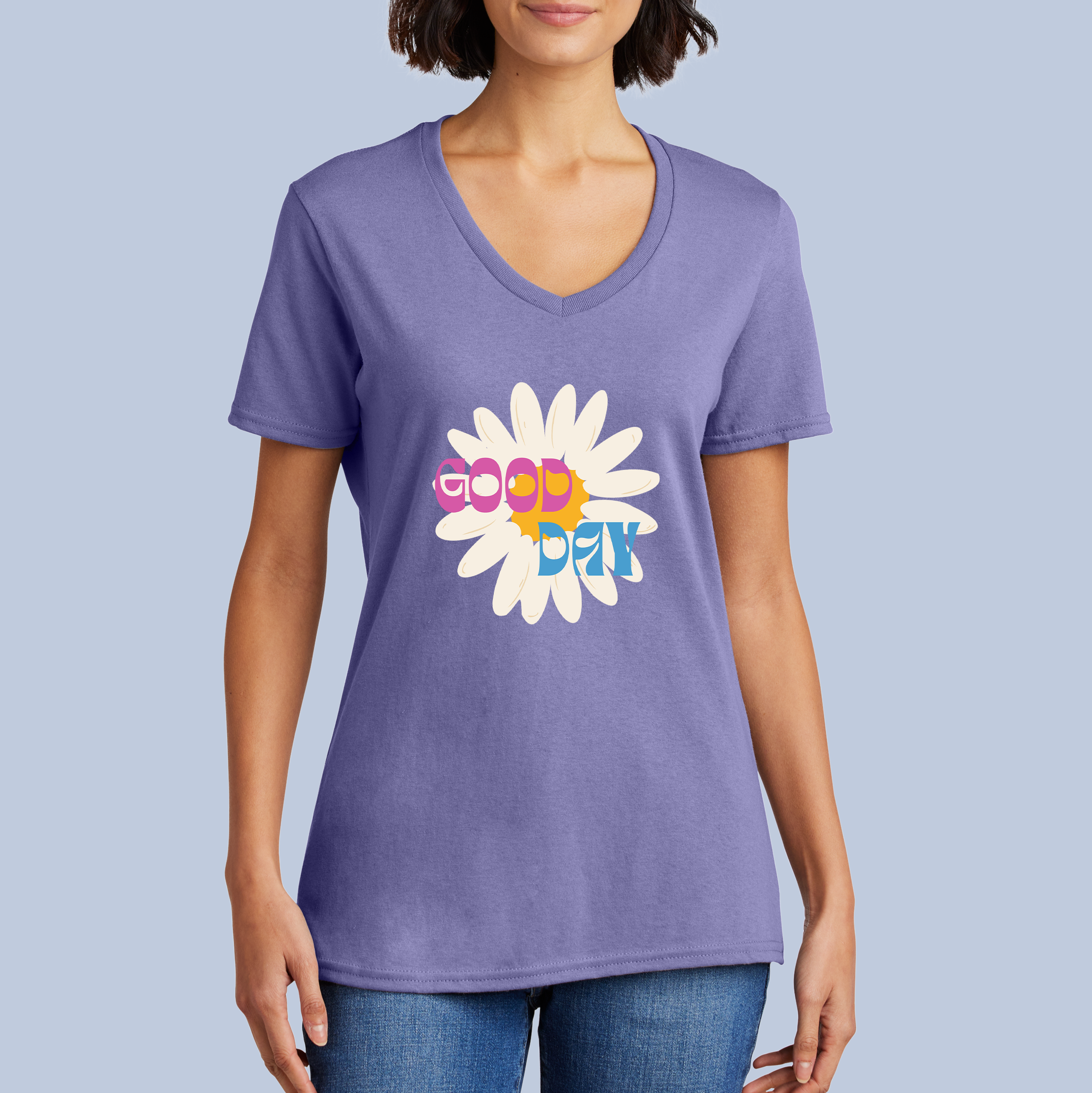 Good Day Daisy V-Neck Cotton T-Shirt - Positive Floral Tee for Women 8