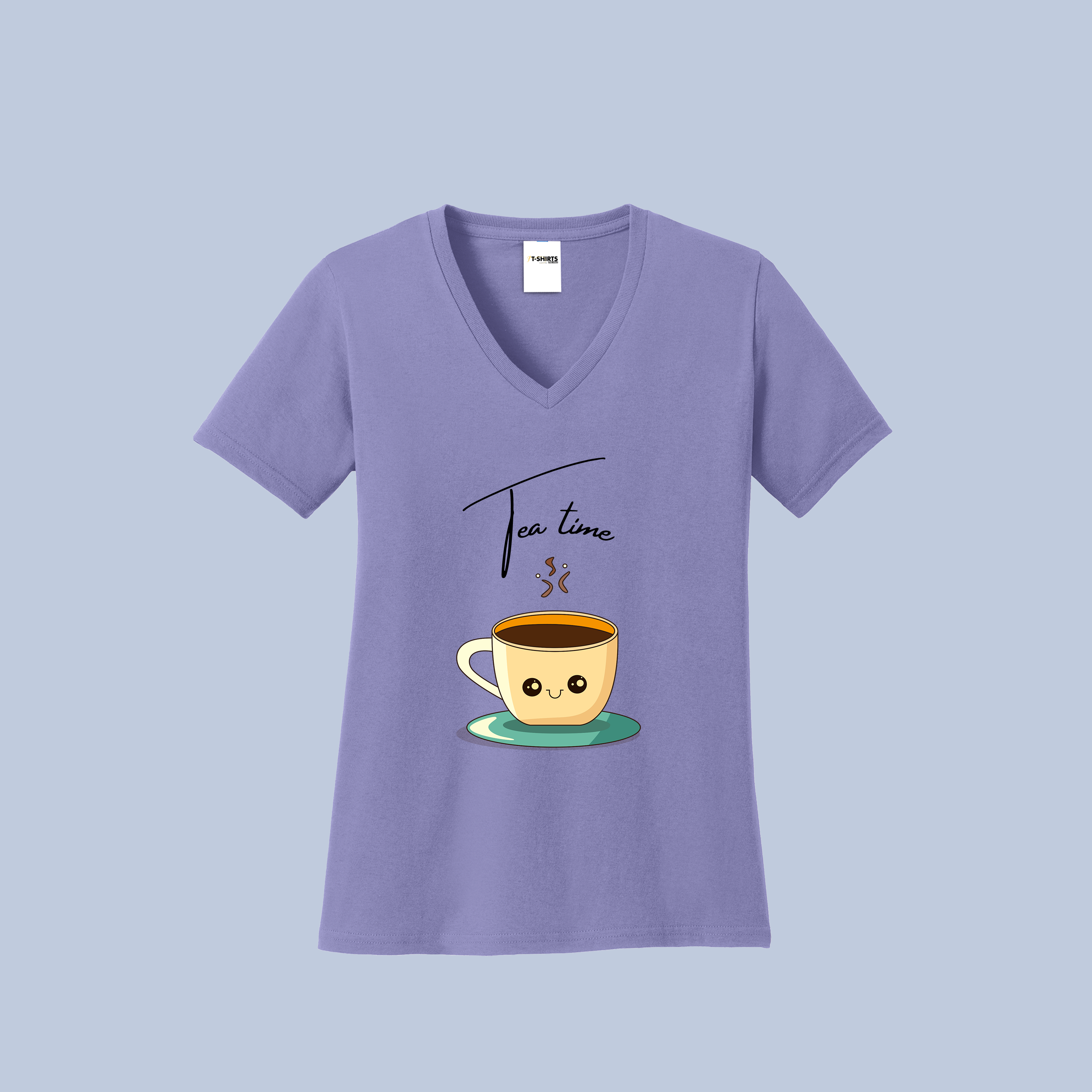 Tea Time V-Neck Cotton T-Shirt - Cute Steaming Cup Tee for Women 4