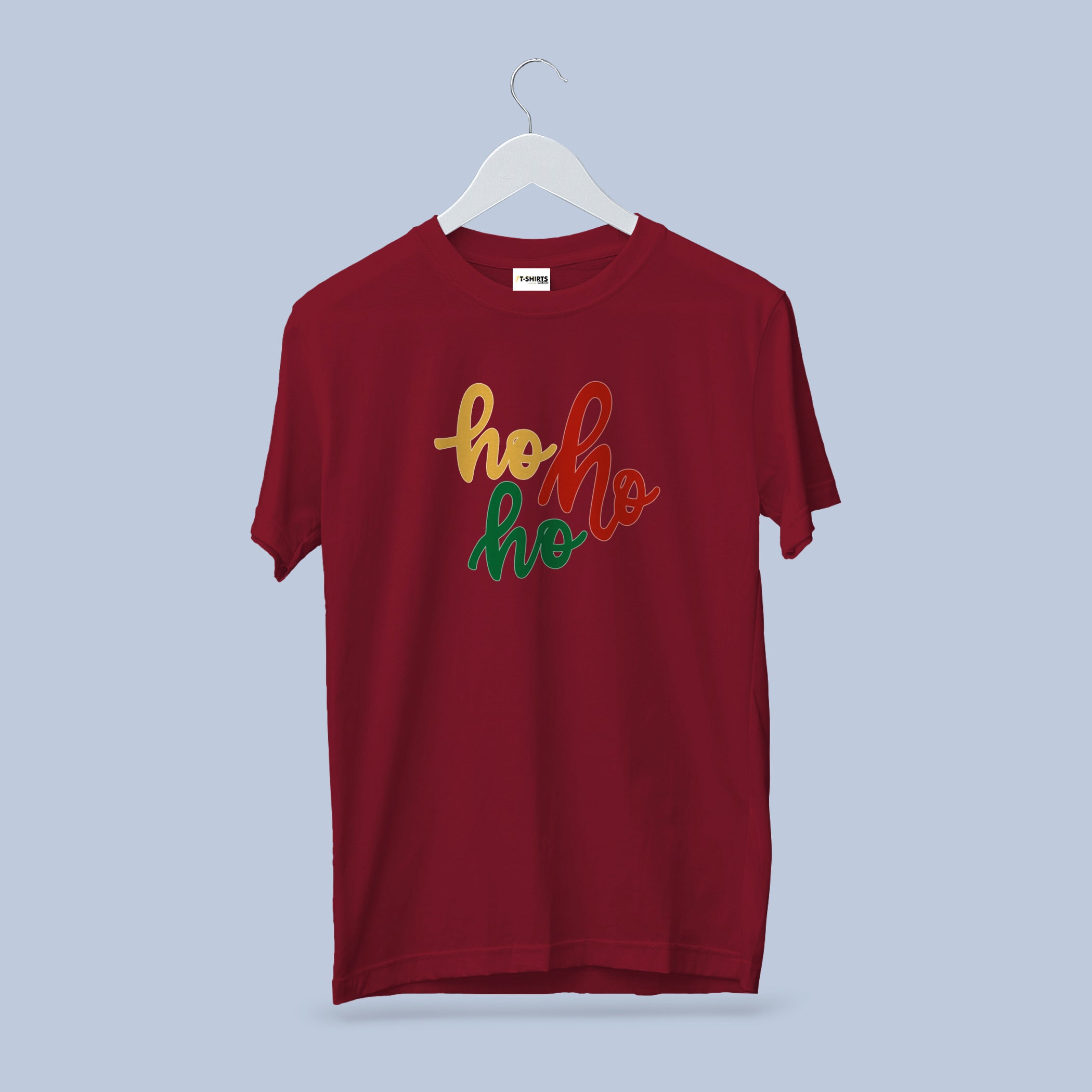 Ho Ho Ho Script Christmas T-Shirt, Colorful Retro Holiday Tee, Cherry Red Heavy Cotton Crewneck, Festive Family Matching Shirt