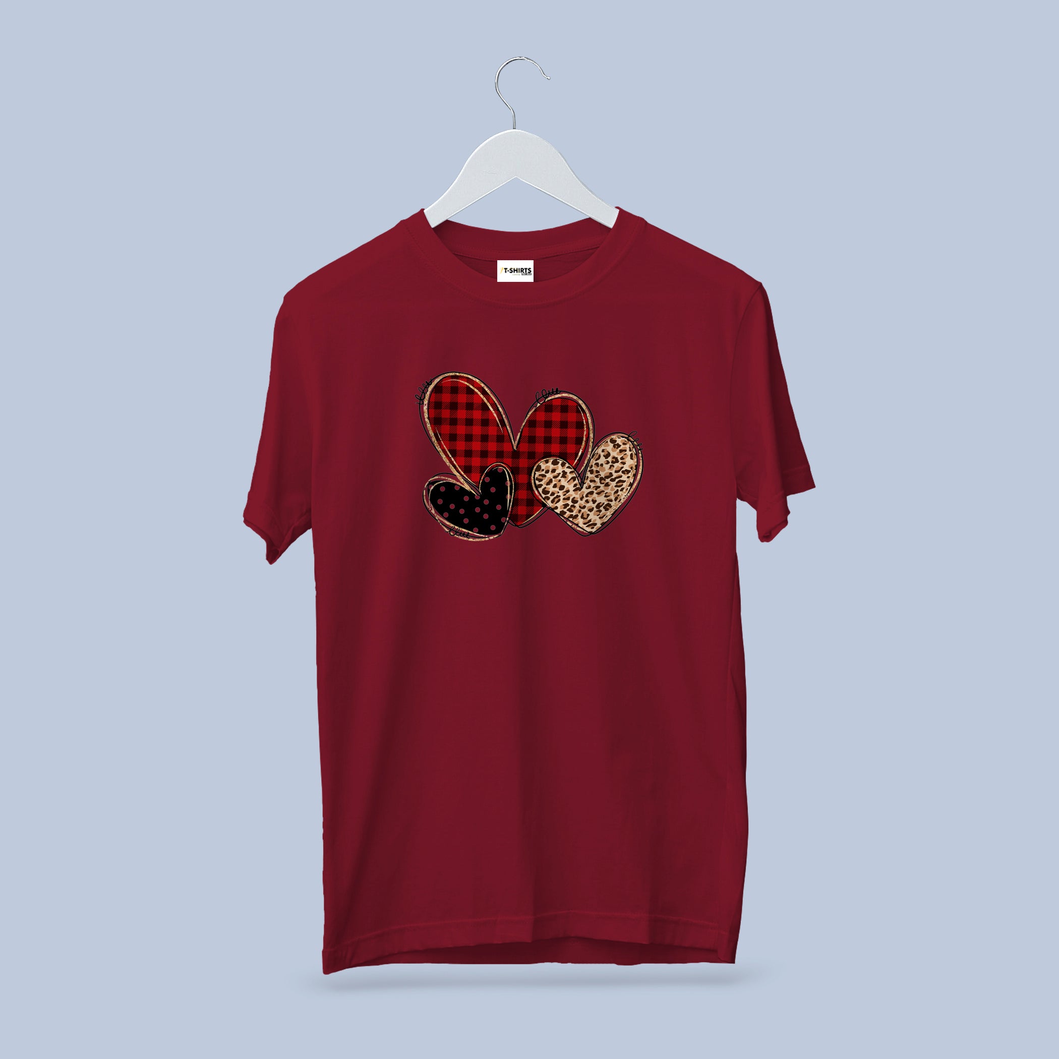 Plaid Leopard Hearts T-Shirt, Valentine's Day Gift for Her, Rustic Buffalo Check Love Tee, Classic Fit Cotton Crewneck