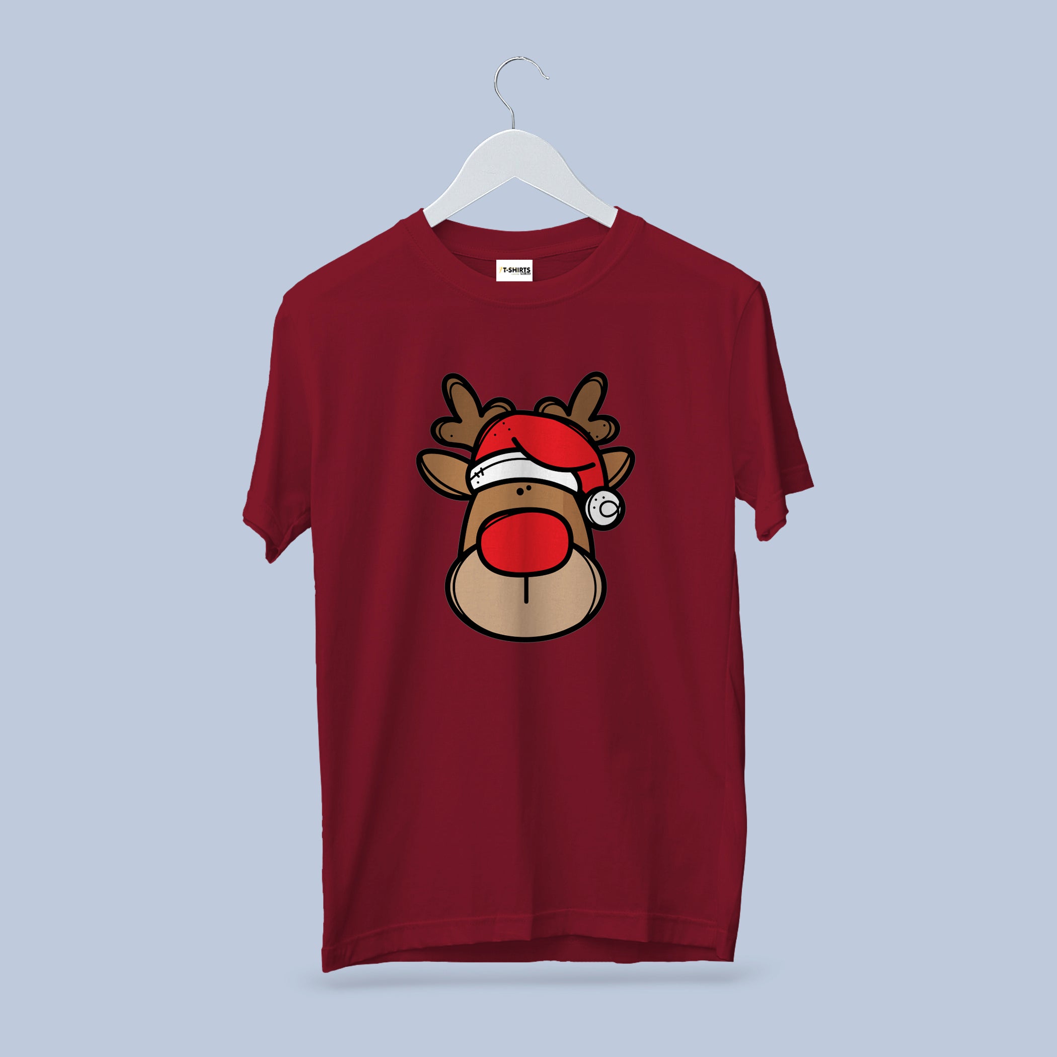 Cute Reindeer Christmas T-Shirt, Red Nose Santa Hat Tee, Cherry Red Heavy Cotton Crewneck, Festive Family Gift for Kids & Adults