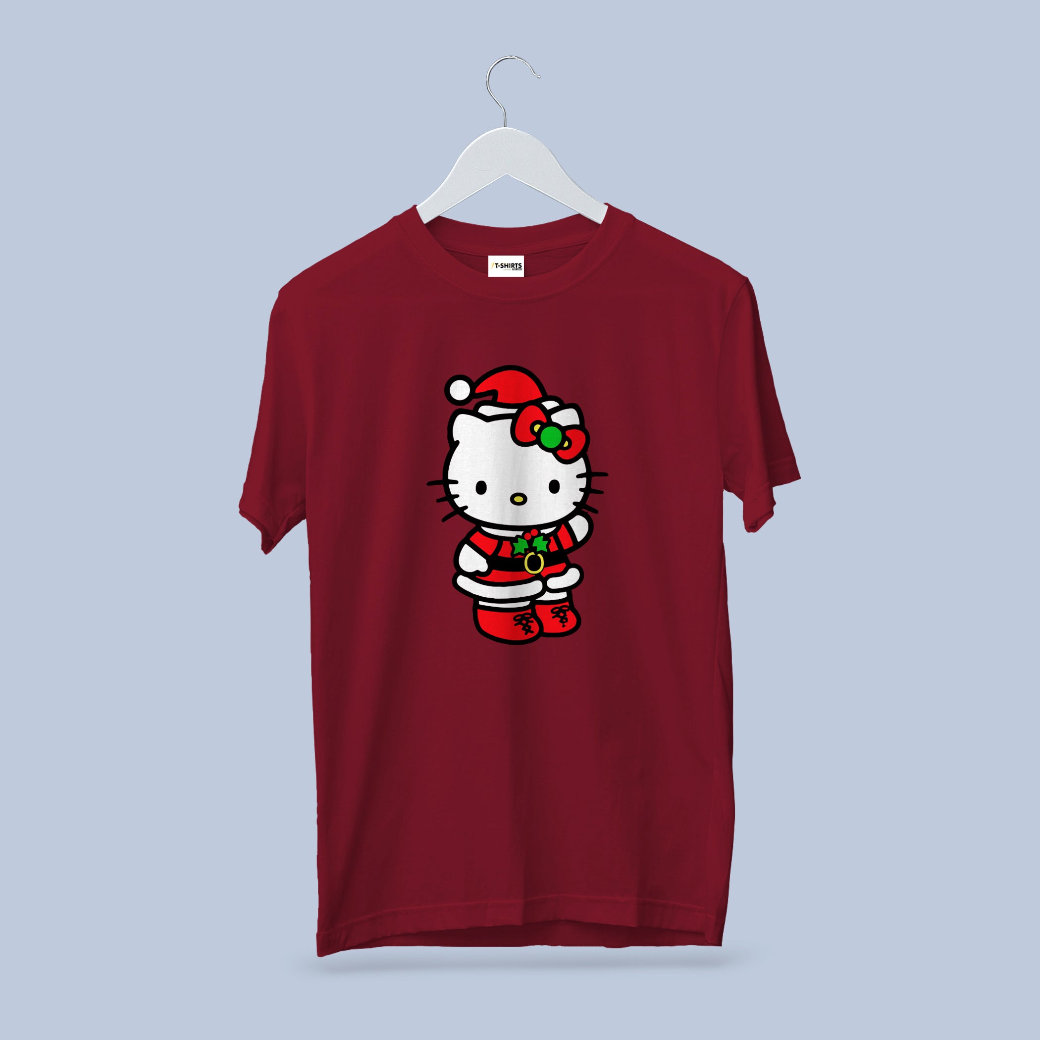 Hello Kitty Christmas T-Shirt, Cute Holiday Santa Outfit Tee, Cherry Red Heavy Cotton Crewneck, Cartoon Character Gift for Her