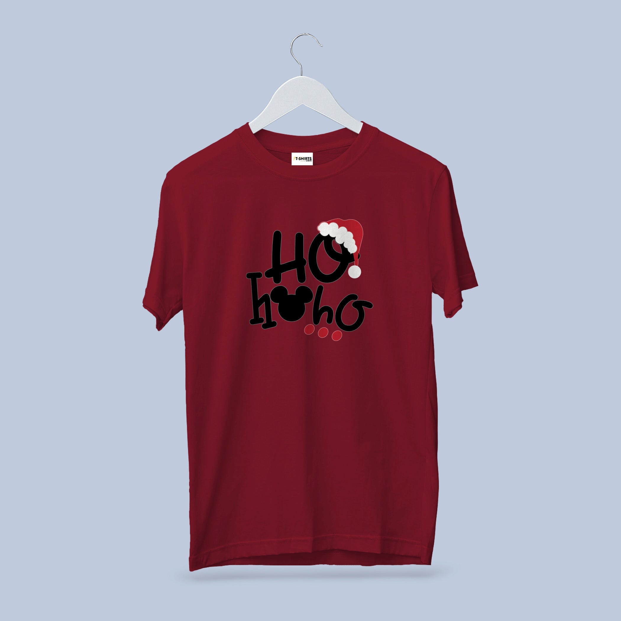 Ho Ho Ho Mouse Ears T-Shirt, Christmas Santa Hat Tee, Cherry Red Heavy Cotton Crewneck, Family Vacation Theme Park Gift