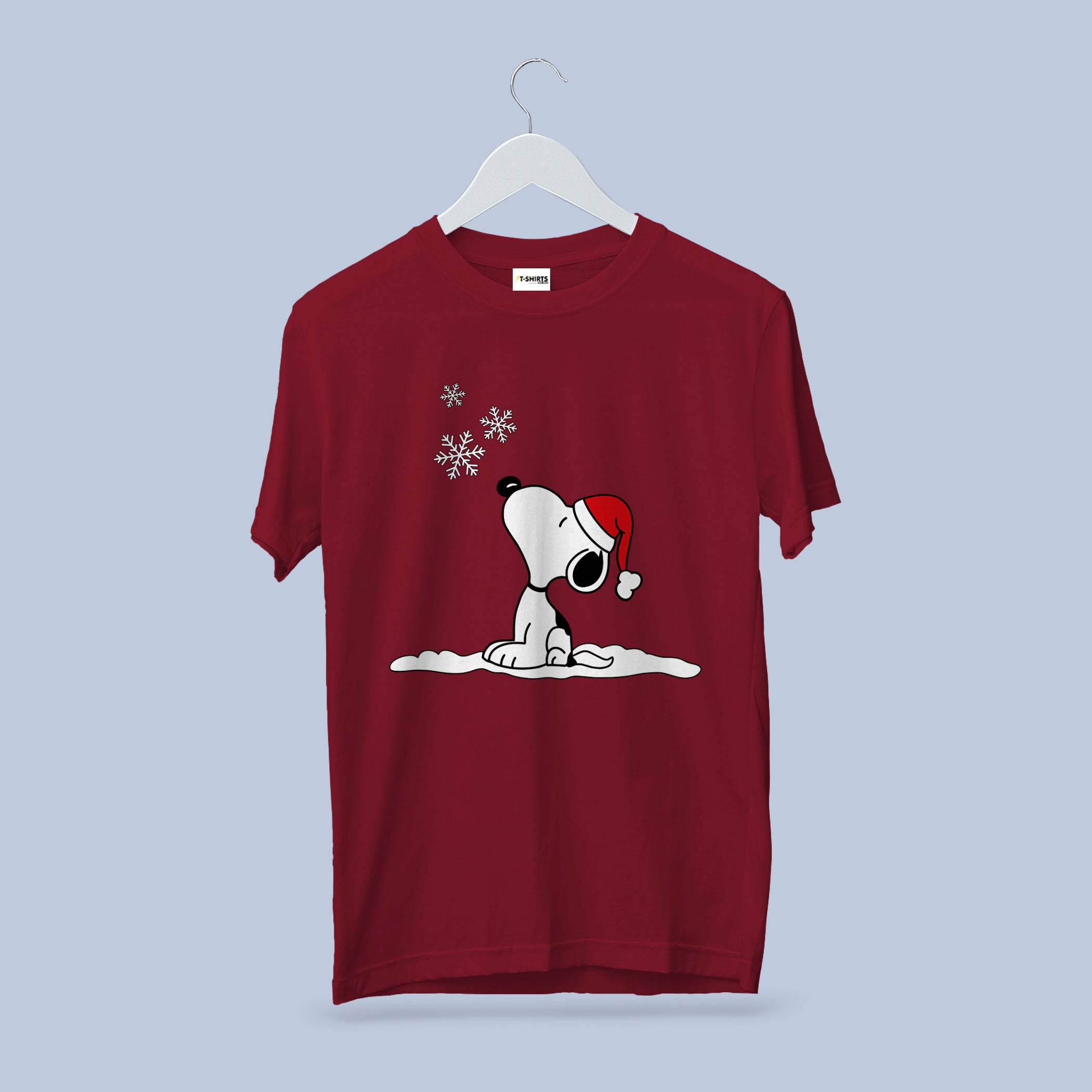Snoopy Christmas T-Shirt, Falling Snow Santa Hat Tee, Holiday Peanuts Family Shirt, Cherry Red Cotton Crewneck Gift