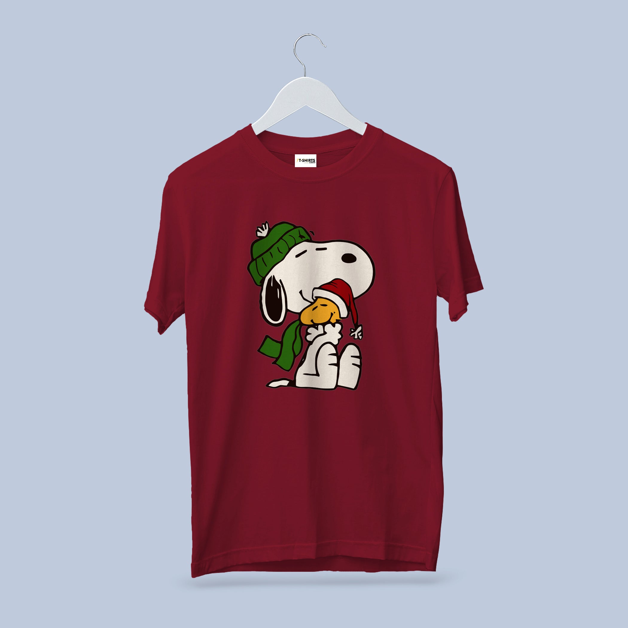 Snoopy & Woodstock Christmas T-Shirt, Peanuts Holiday Scarf Tee, Cherry Red Heavy Cotton Crewneck, Family Gift for Him Her