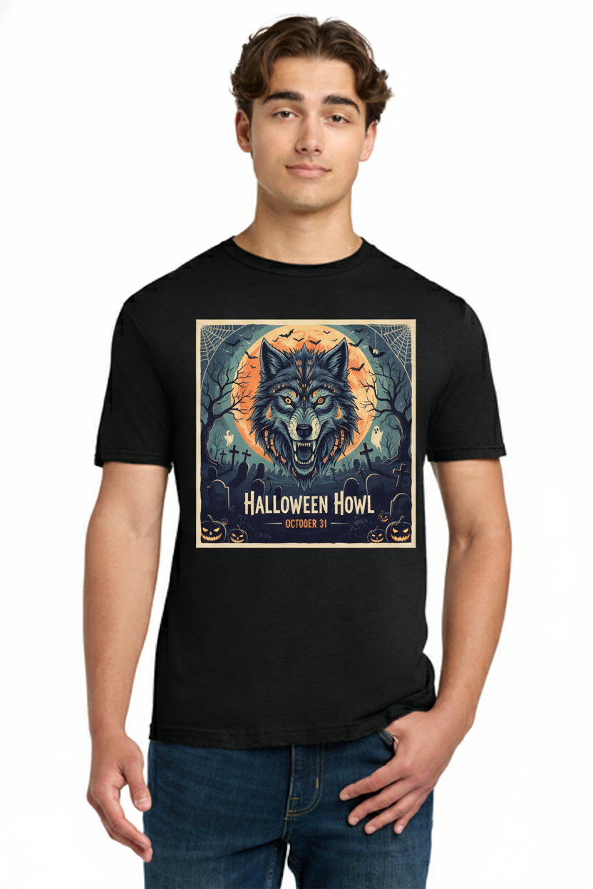 Halloween Howl - Crazy Halloween Graphic with Dark Wolf Tee