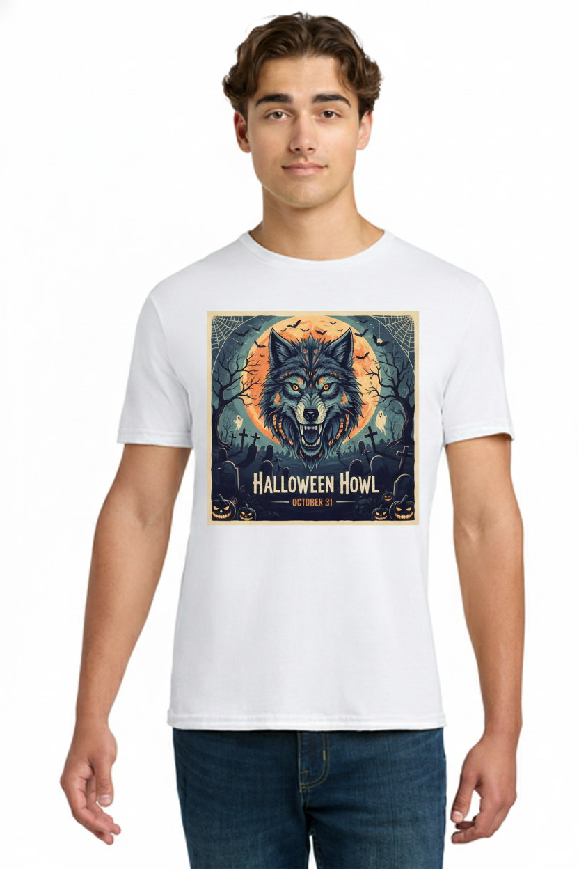 Halloween Howl - Crazy Halloween Graphic with Dark Wolf Tee