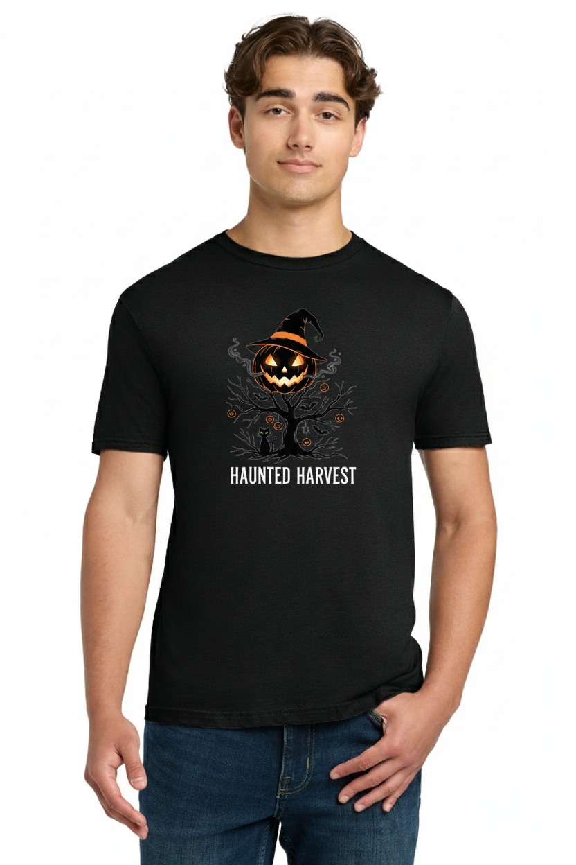Haunted Harvest Jack-o'-Lantern Tree T-Shirt - Spooky Witch Hat Pumpkin Graphic Tee