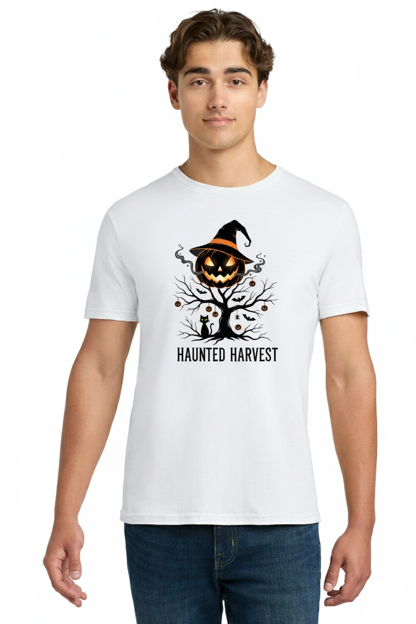 Haunted Harvest Jack-o'-Lantern Tree T-Shirt - Spooky Witch Hat Pumpkin Graphic Tee