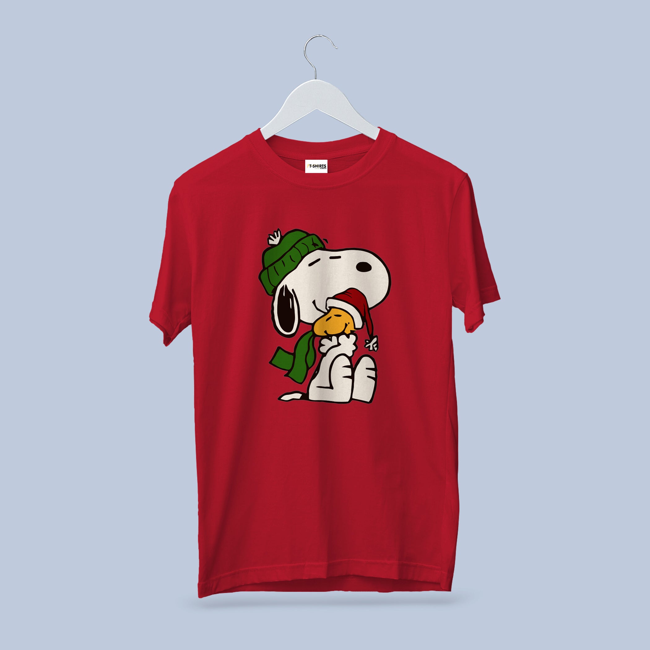 Snoopy & Woodstock Christmas T-Shirt, Peanuts Holiday Scarf Tee, Cherry Red Heavy Cotton Crewneck, Family Gift for Him Her 4