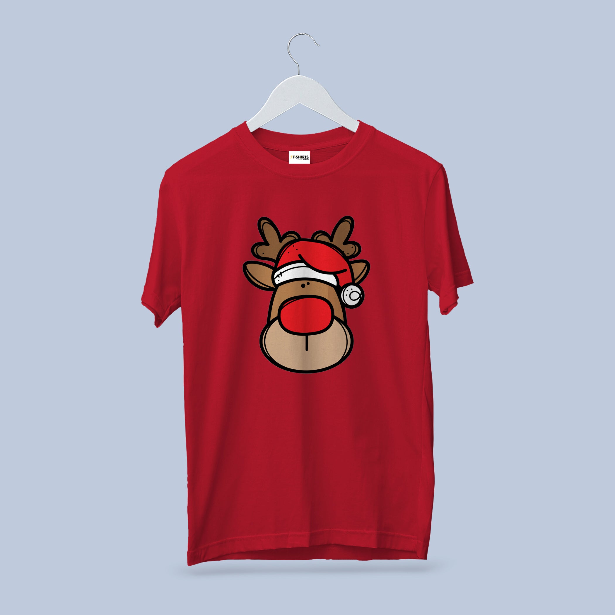 Cute Reindeer Christmas T-Shirt, Red Nose Santa Hat Tee, Cherry Red Heavy Cotton Crewneck, Festive Family Gift for Kids & Adults 4