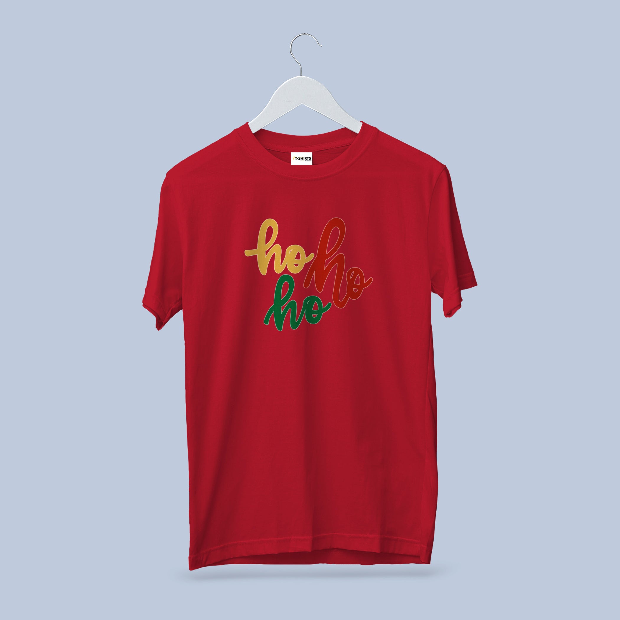Ho Ho Ho Script Christmas T-Shirt, Colorful Retro Holiday Tee, Cherry Red Heavy Cotton Crewneck, Festive Family Matching Shirt 4