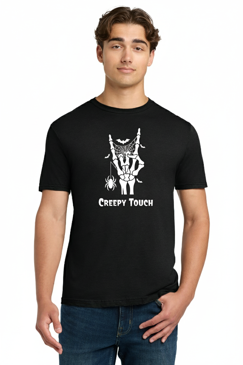 Skeleton Hand Rock On Sign T-Shirt - Halloween Spiderweb & Bats Graphic Tee