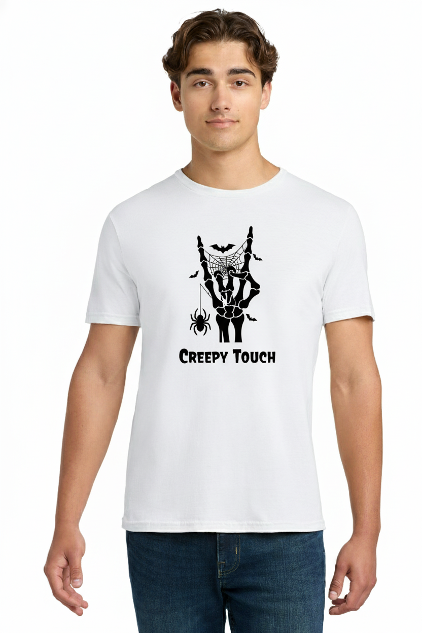 Skeleton Hand Rock On Sign T-Shirt - Halloween Spiderweb & Bats Graphic Tee